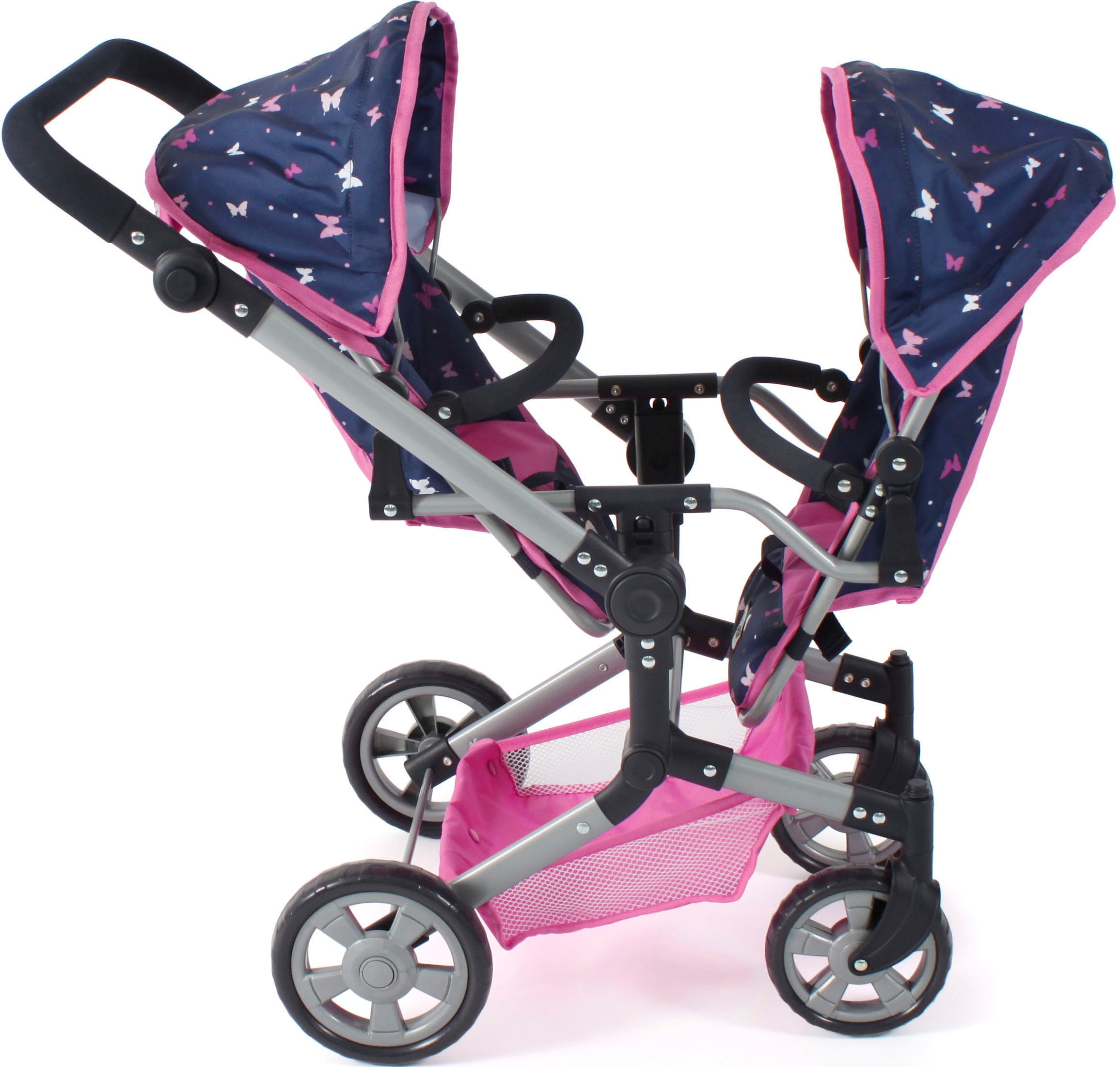 CHIC2000 Puppen-Zwillingsbuggy »Linus Duo, Butterfly, rosa«, mit zwei abnehmbaren, bis in Liegeposition verstellbaren Sportsitzen