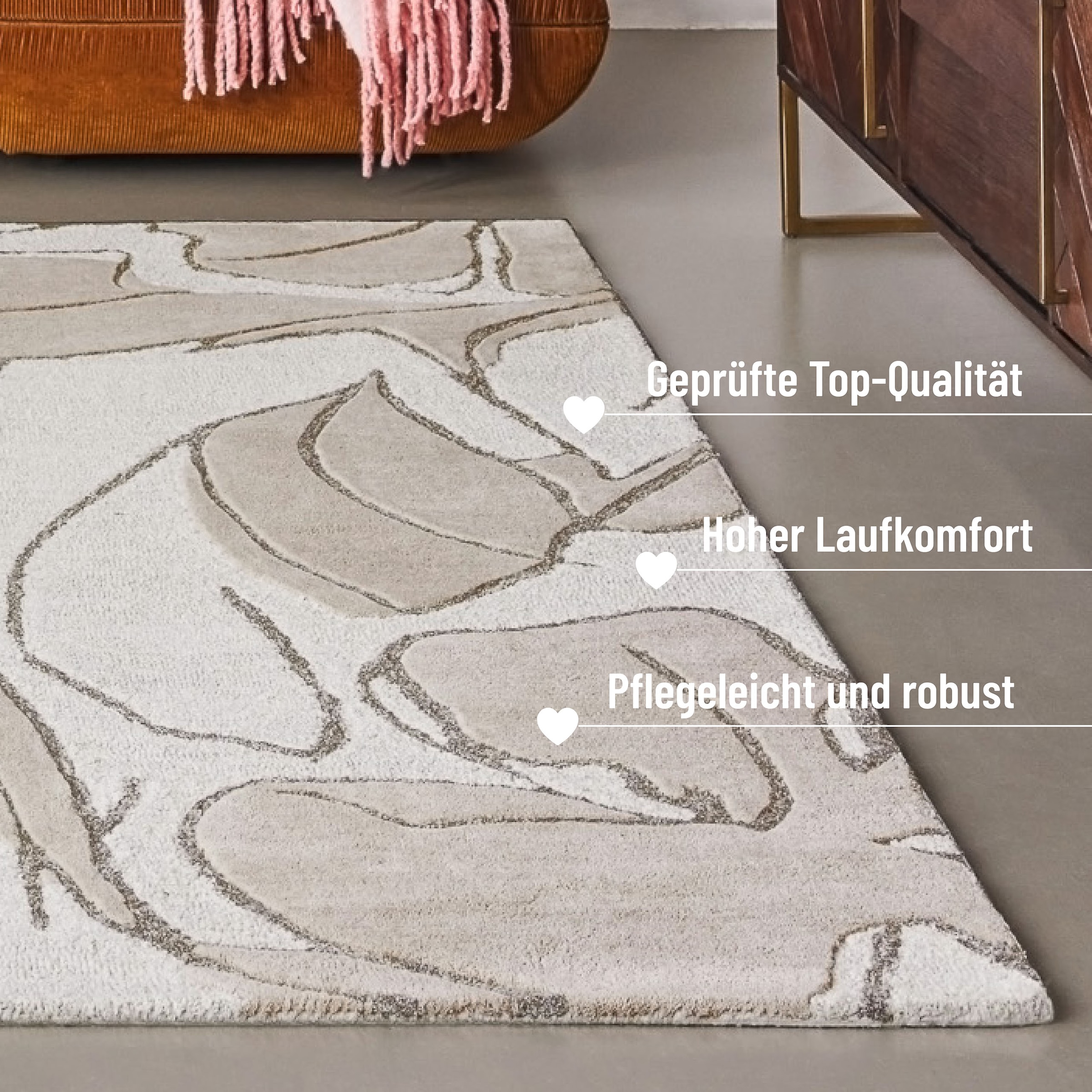 Wecon home Teppich »Tunia«, rechteckig, 10 mm Höhe, handgefertigt, floral, pflegeleicht, Wolle, Wohnzimmer, Schlafzimmer