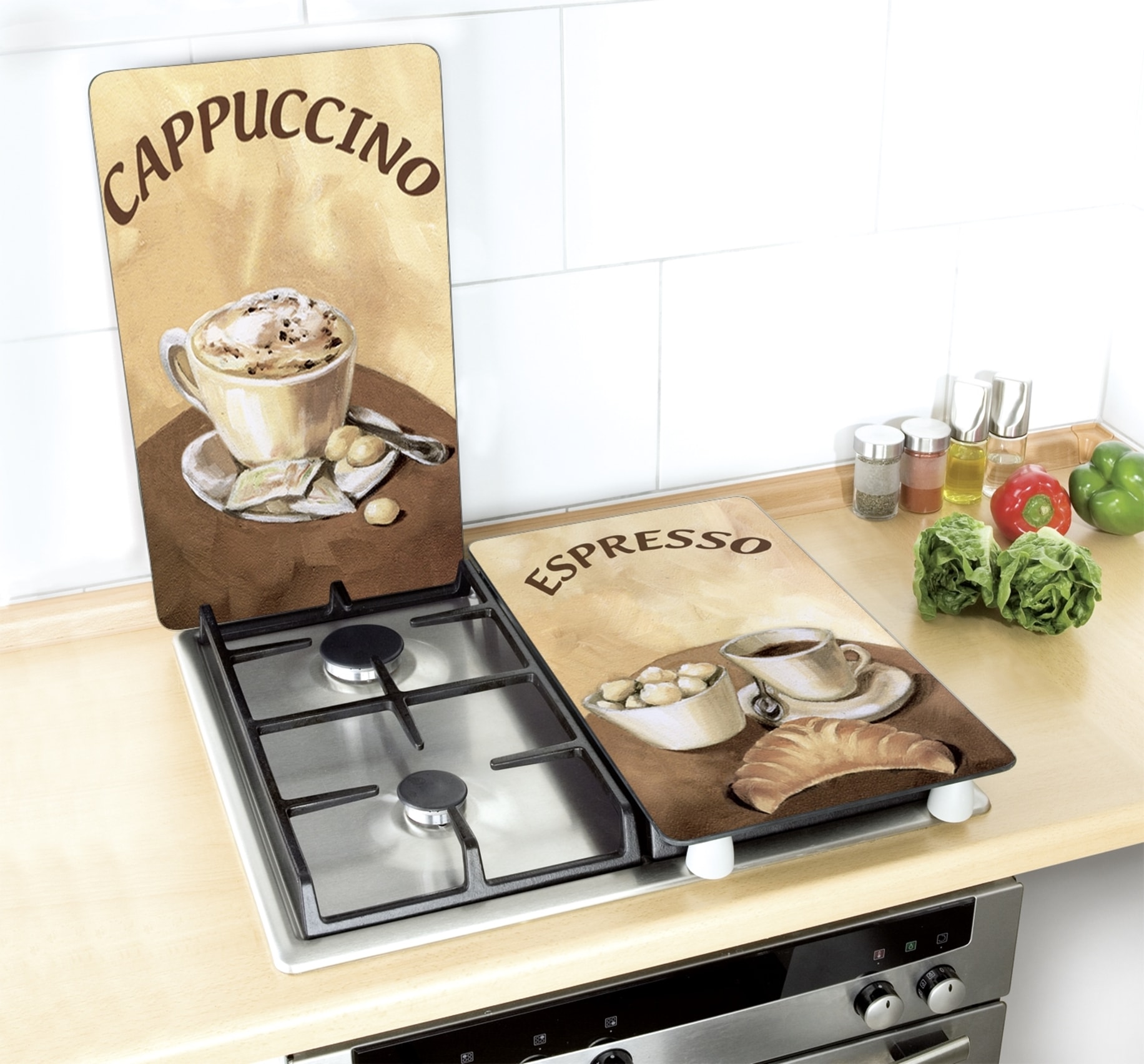 WENKO Herd-Abdeckplatte »Universal Modell Kaffee«, (Set, 2 tlg.), Herdabdeckung für alle Herdarten, kratzfest, mit rutschfesten Füßen