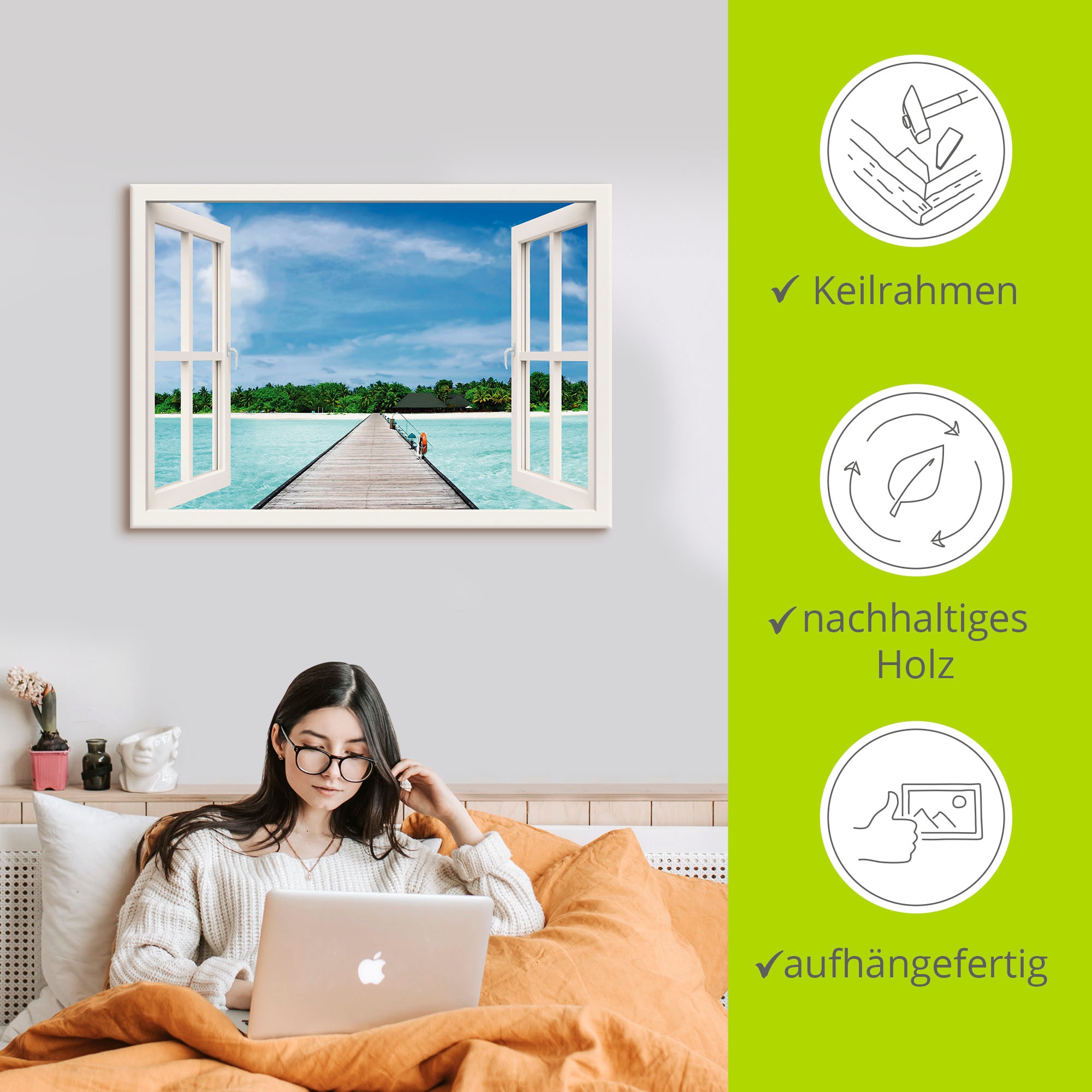 Artland Leinwandbild »Fensterblick maledivischen Paradies« Fensterblick 1 Stk. tlg. auf Holzrahmen gespannt