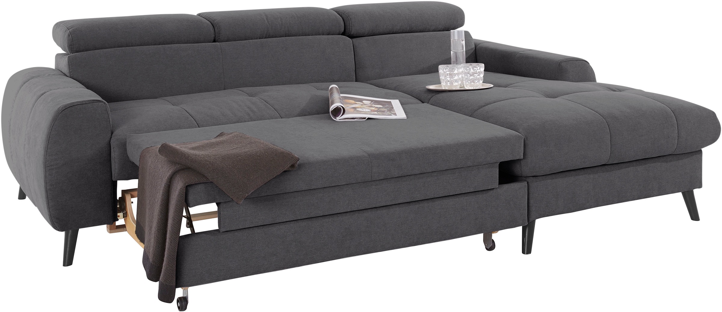 COTTA Ecksofa »Mia L-Form mit 3 Zierkissen«, wahlweise mit Bettfunktion, Bettkasten, Beleuchtung & Wireless-Charger