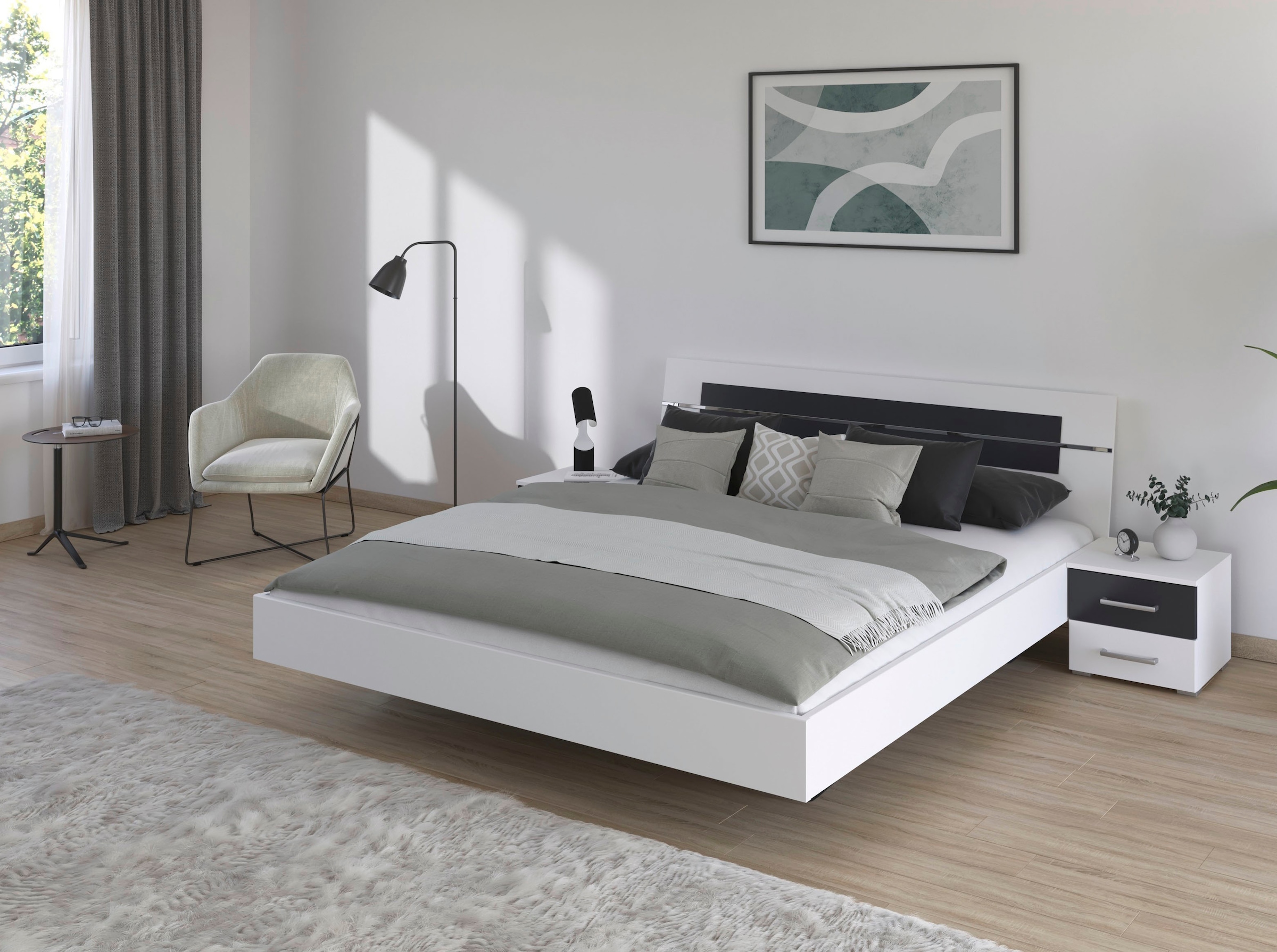 rauch Bettanlage »Doppelbett Futonbett BURANO in schwebender Optik«, (Set, 3 tlg.), und abgesetztem Kopfteil mit 2 Nachttischen MADE IN GERMANY