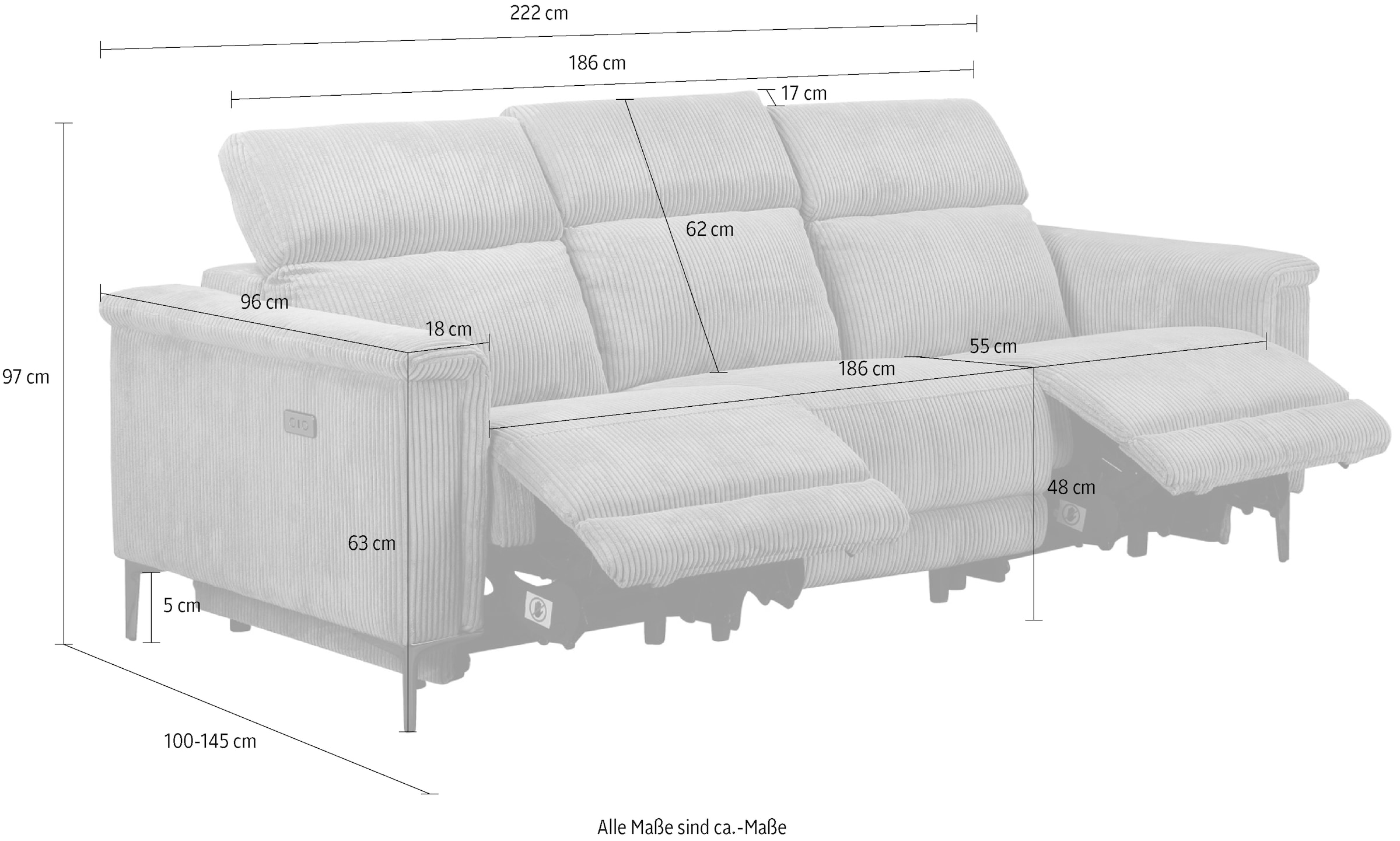 Places of Style 3-Sitzer »Lund Cord, mit manueller o. elektrischer Relaxfunktion in 2 Sitzen,«, USB, Kopfteilverstellung, Breite 222 cm