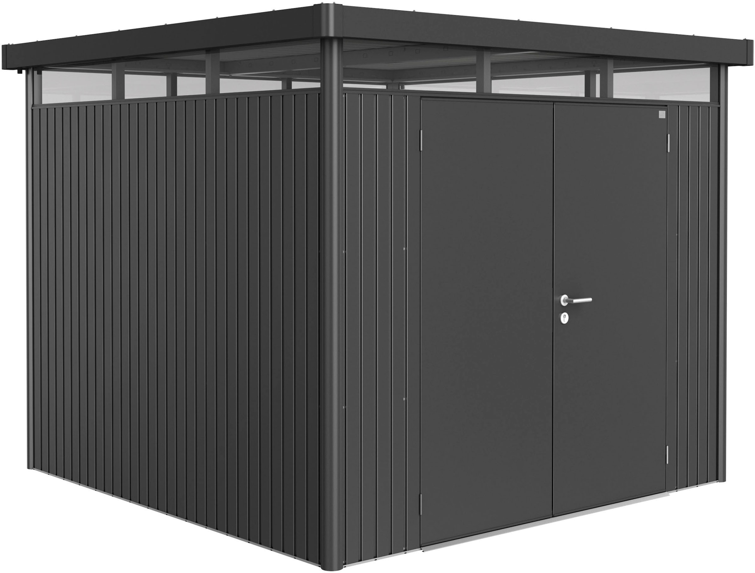 BIOHORT Gerätehaus »HIGHLINE Gr. H4, verschiedene Farben« stylisches Metall-Gartenhaus mit Flachdach dunkelgrau-metallic