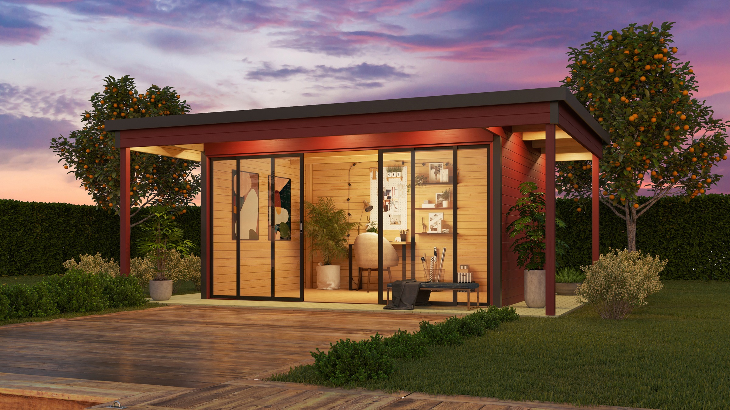 LASITA MAJA Gartenhaus »DOMEO 4 LOGGIA SCHWEDENROT/ANTHRAZIT - NEU« mit Überdachung , Fundamentmass 800+4180+800 x 800+3219 , Schwedenrot