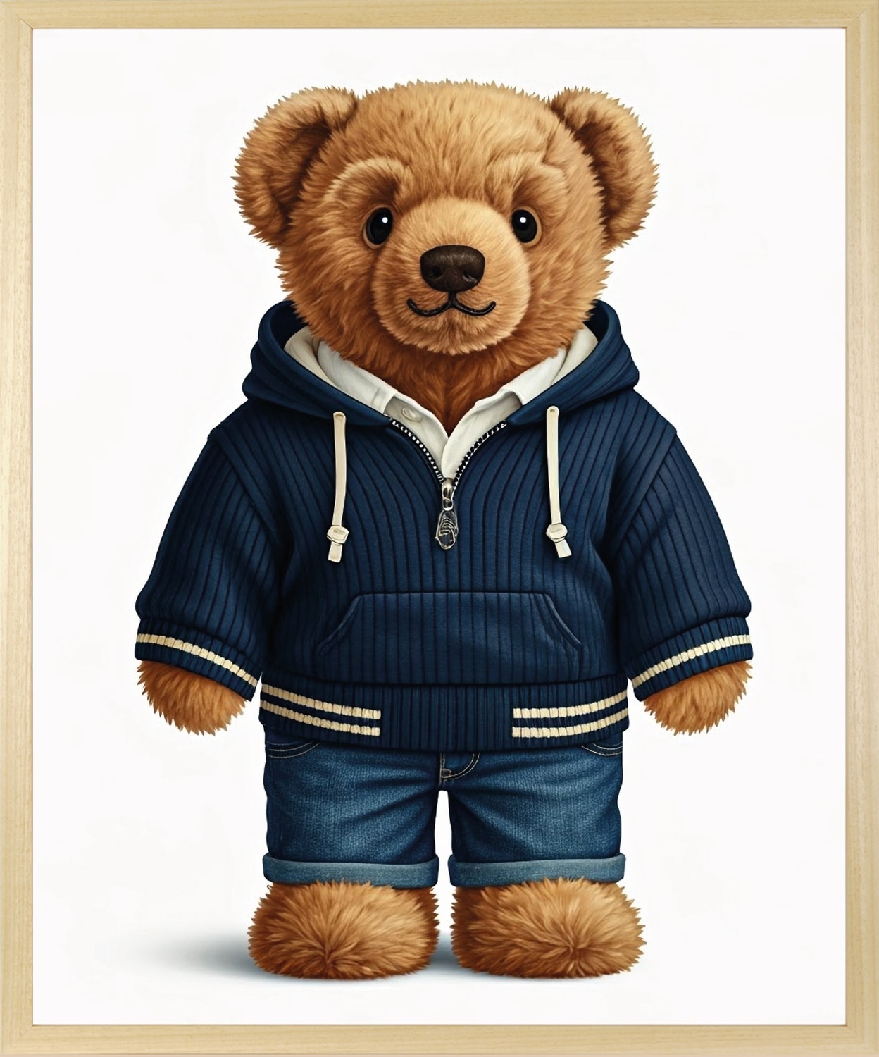 queence Bild mit Rahmen »Teddy Bär mit Jeans und Hoody« Bär | Bären | Fashion | Figuren | Mode | Modebilder HD Premium Poster-Druck inkl. Echtholzrahmen in beige