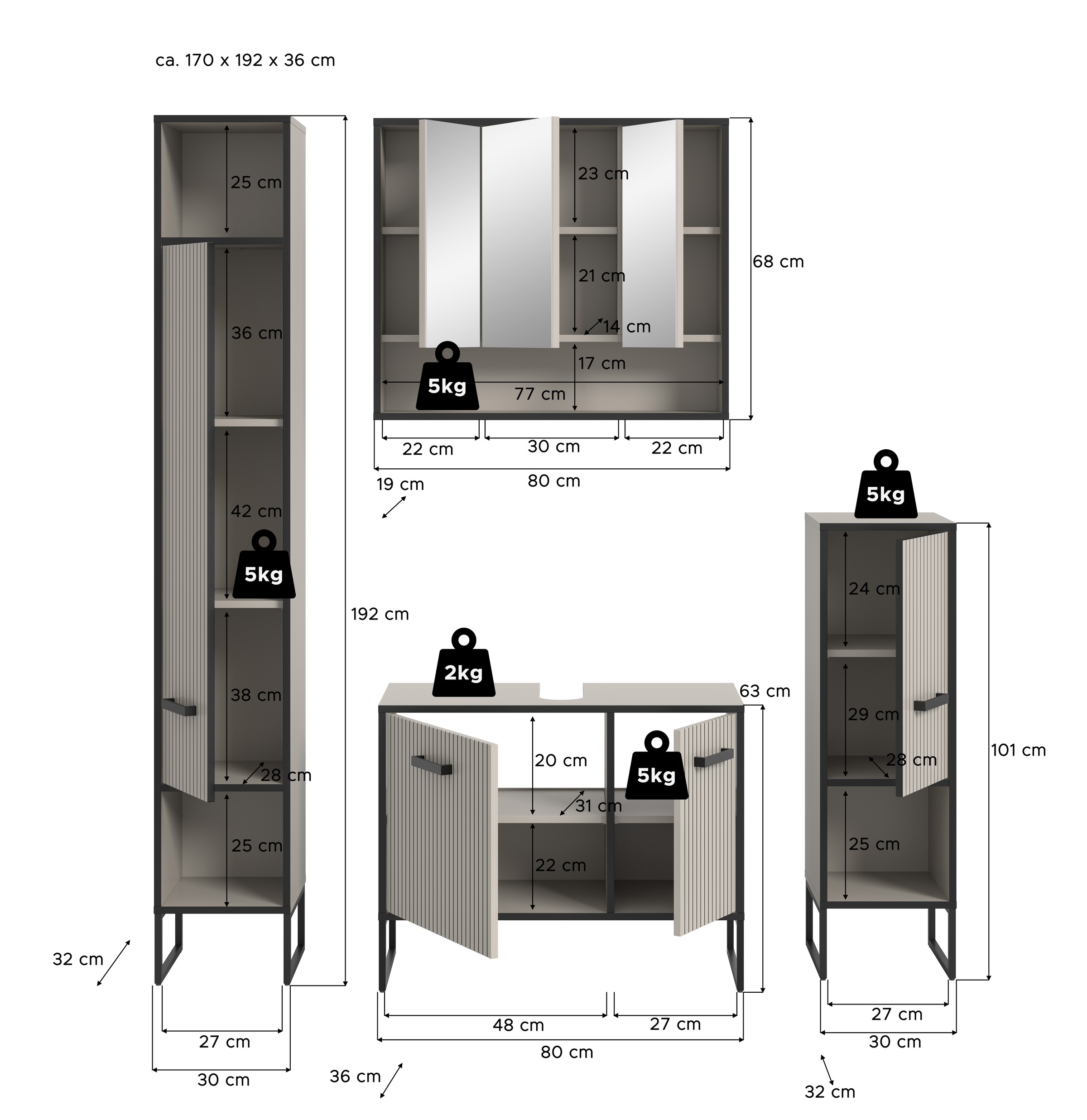 welltime Badmöbel-Set »Locri, Breite 170 cm, Rillenoptik, Metallkufen«, (4 St.), Hochschrank, Waschbeckenunterschrank, Spiegelschrank, Standschrank