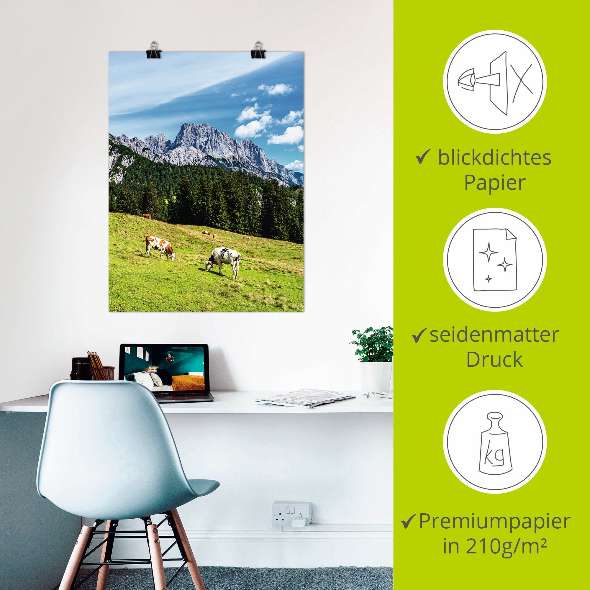 Artland Poster »Blick auf die Litzlalm mit Kühen«, Berge & Alpenbilder, (1 St.), als Alubild, Leinwandbild, Wandaufkleber oder Poster in versch. Größen