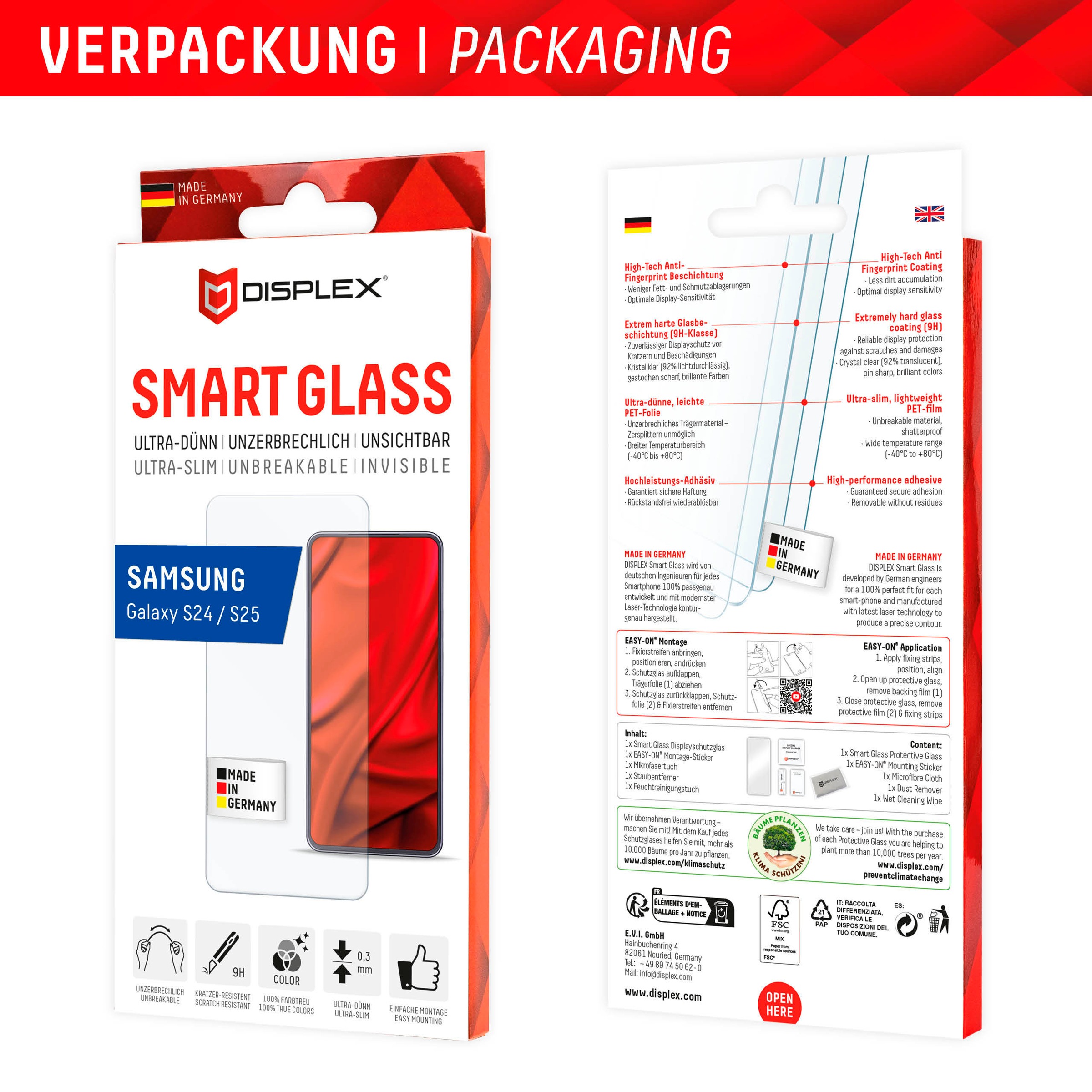Displex Displayschutzglas »Smart Glass«, für Samsung Galaxy S24-Samsung Galaxy S25, Displayschutzfolie Displayschutz kratzer-resistent 9H unzerbrechlich