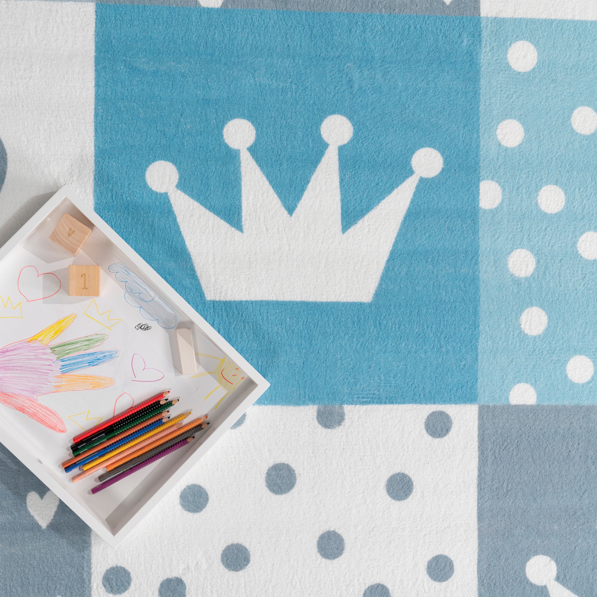 Paco Home Kinderteppich »Eliz 391«, rechteckig, 12 mm Höhe, Kurzflor, Spielteppich, Patchwork-Muster, Motiv Krone, Herz & Punkte