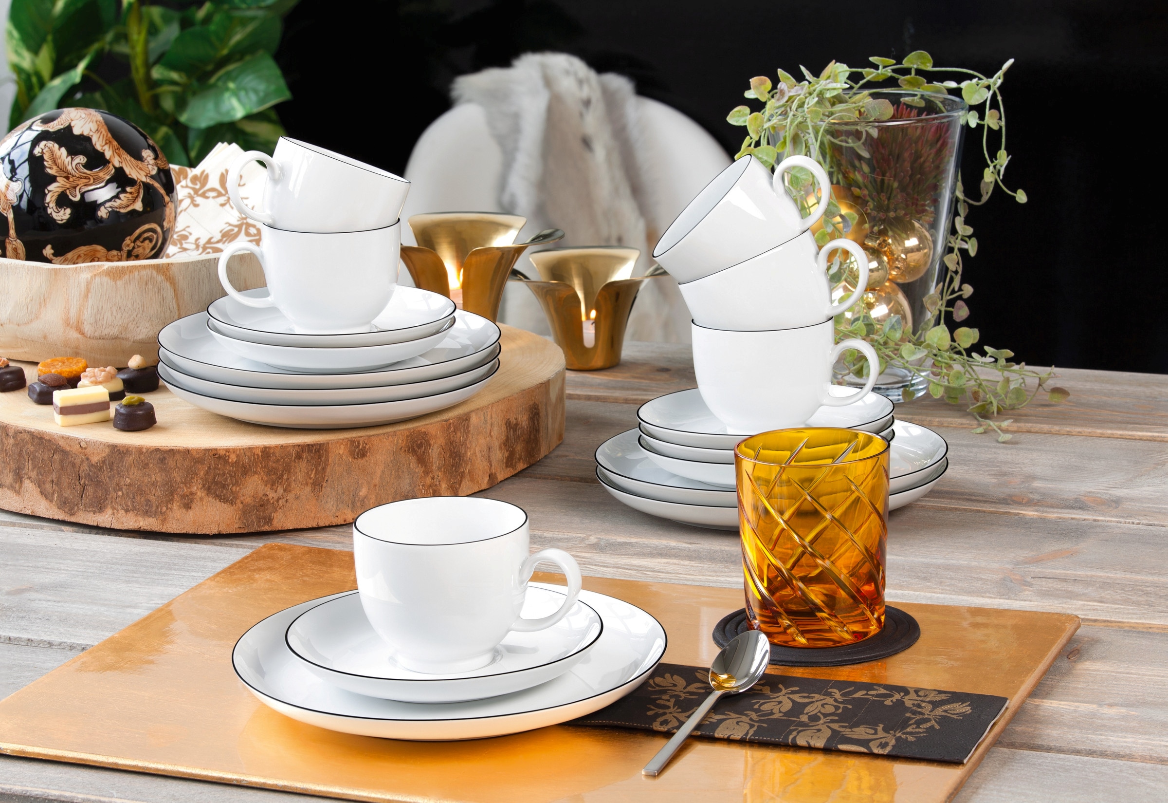Seltmann Weiden Kaffeeservice »Geschirr-Set, Service Lido Black Line«, (Set, 18 tlg.), Tassen, Untertassen, Teller, 18 Teile, für 6 Personen, Made in Germany