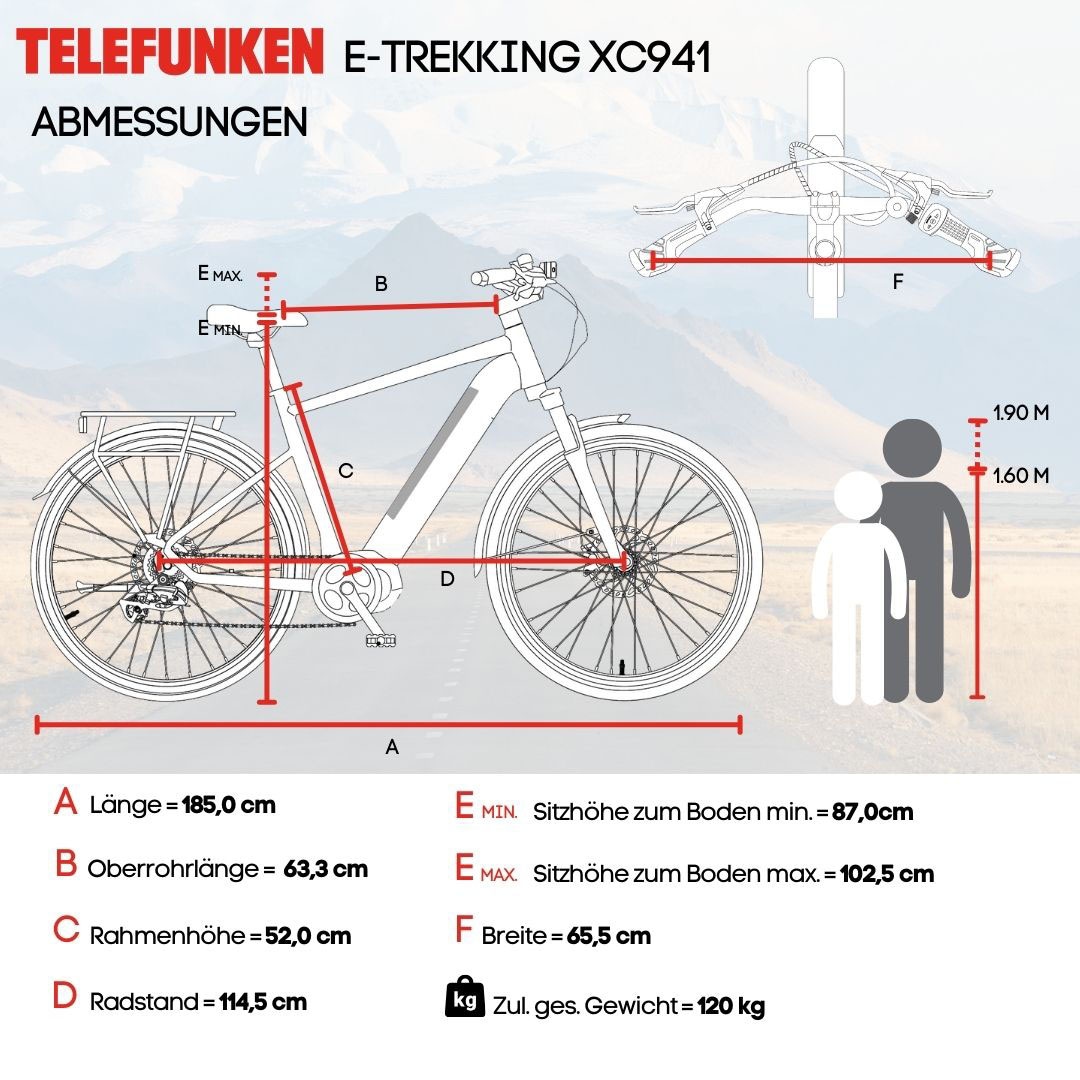 Telefunken E-Bike »Expedition XC941«, 24 Gang, Shimano, Acera, Heckmotor 250 W, (ca. 100 km Reichweite-hydraulische Scheibenbremsen-Straßenzulassung), Trekking Elektrofahrrad, Herren, 28 Zoll, 36 V 417,6 Wh Akku, Pedelec