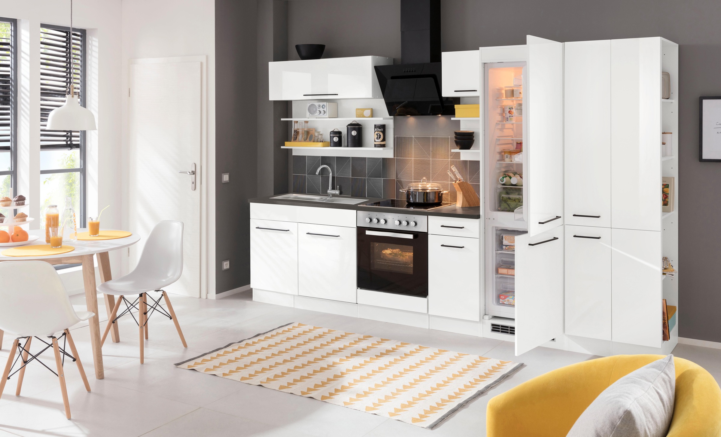 KOCHSTATION Küchenzeile »KS-Tulsa«, mit E-Geräten, Breite 300 cm, schwarze Metallgriffe, MDF Fronten