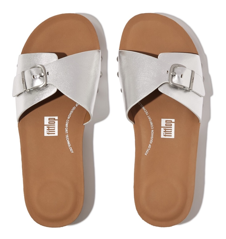 Fitflop Pantolette »IQUSHION ADJUSTABLE BUCKLE METALLIC-LEATHER SLIDES«  , Keilabsatz, Sommerschuh, Schlappen mit verstellbarer Bandage
