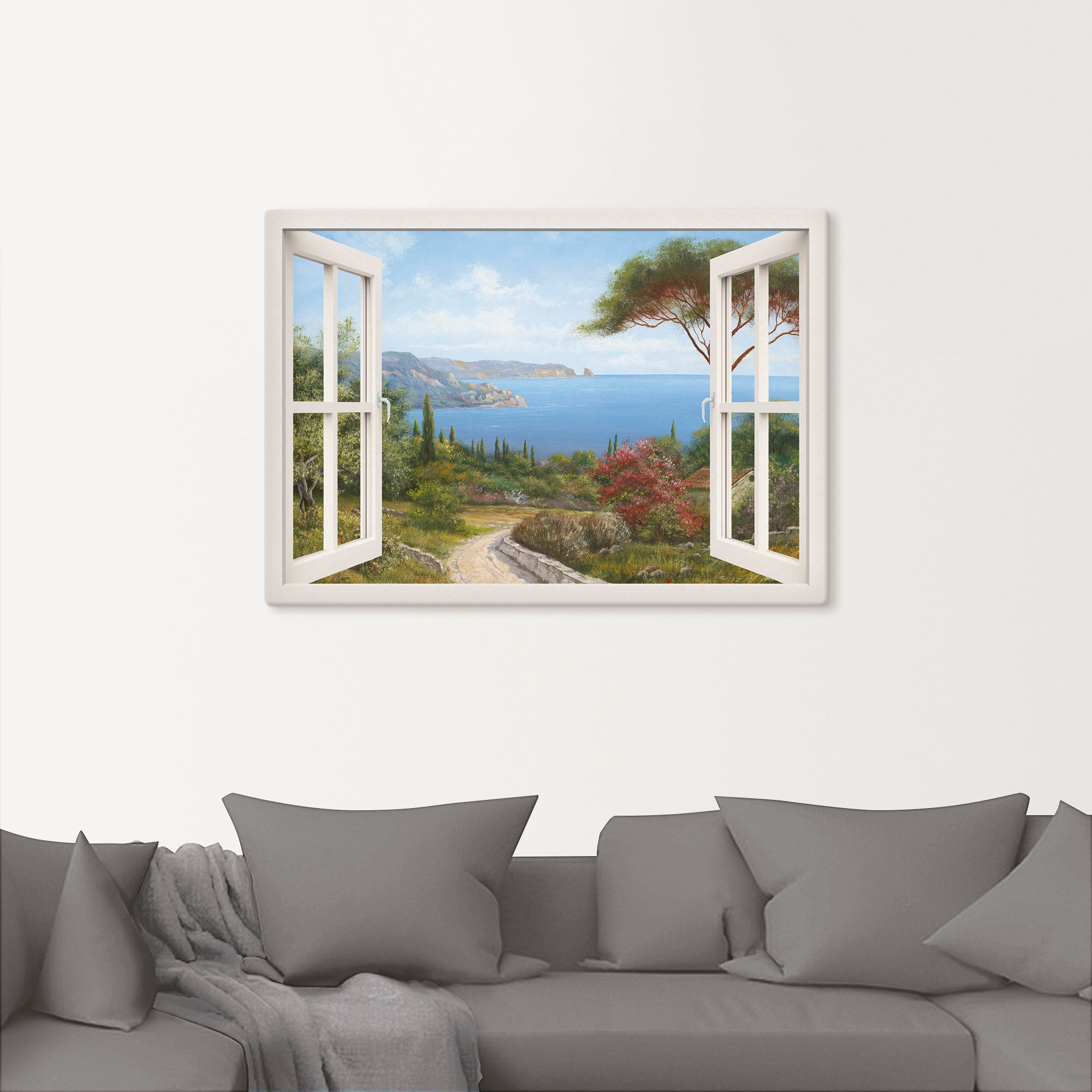 Artland Wandbild »Fensterblick - Haus am Meer I«, Fensterblick, (1 St.), als Leinwandbild, Poster, Wandaufkleber in verschied. Größen