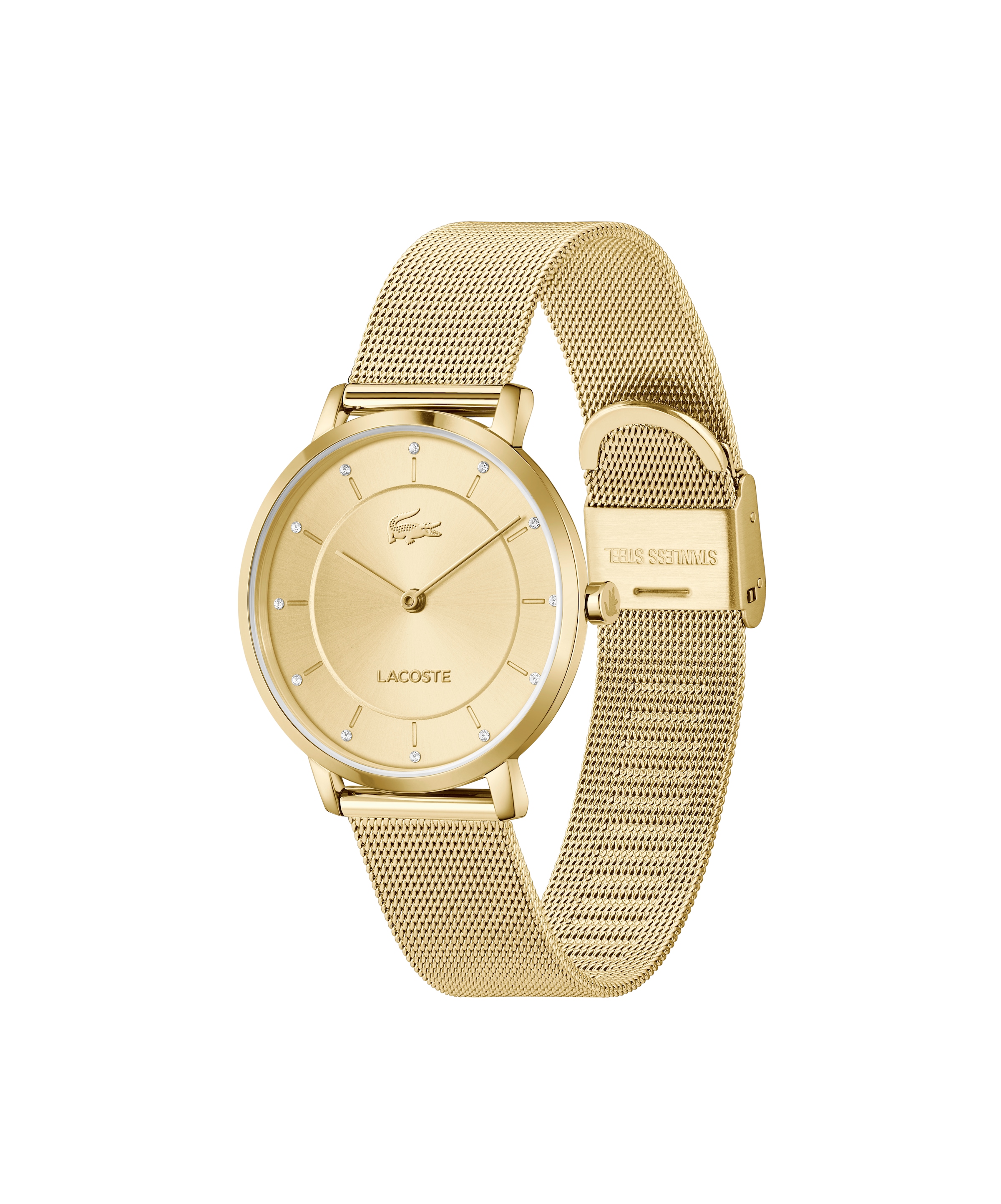 Lacoste Quarzuhr »CROCORIGIN«, Armbanduhr, Damenuhr, Edelstahlarmband, analog, Glassteine