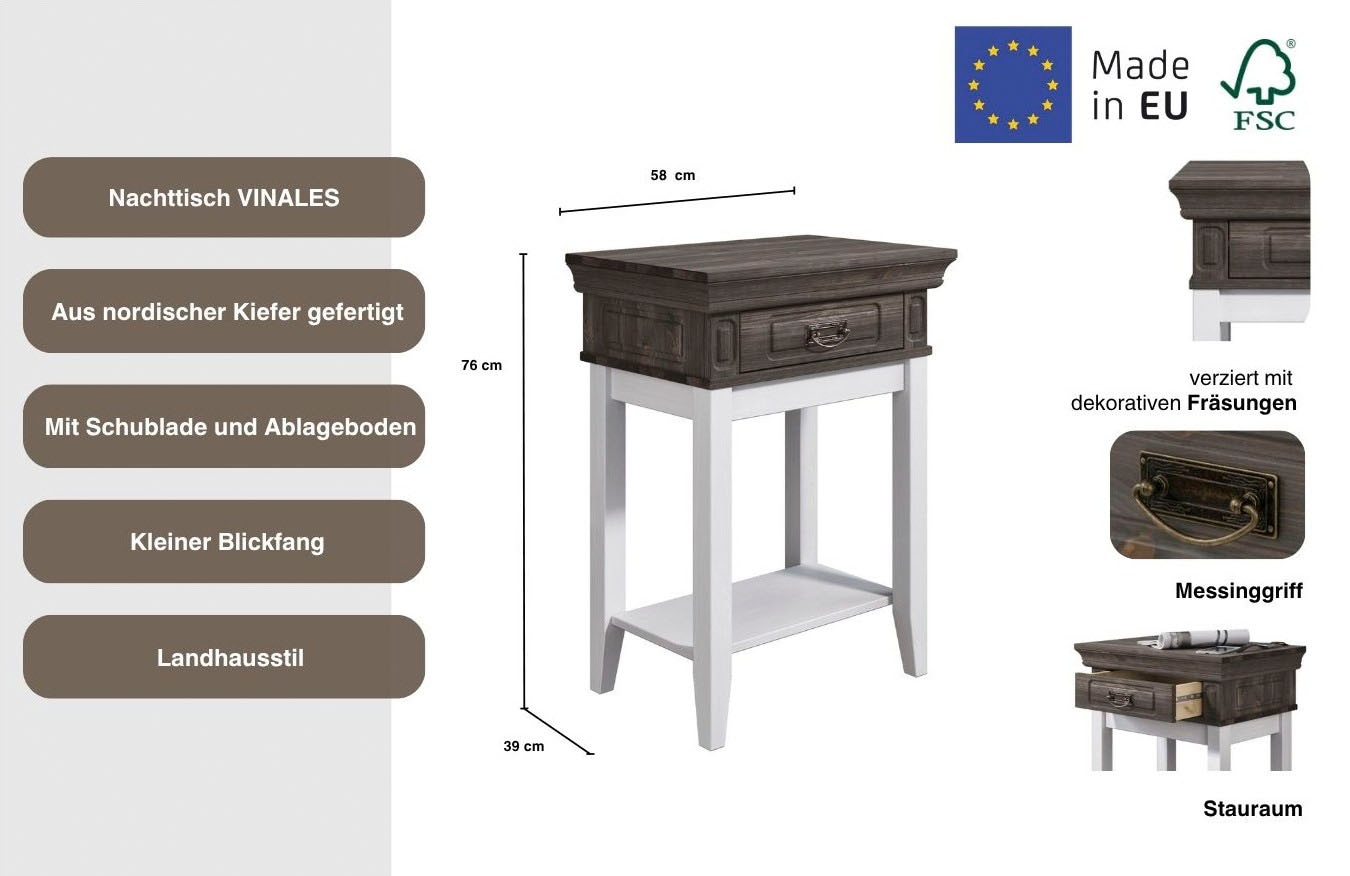 Home affaire Nachttisch »Vinales; Konsolentisch, Beistelltisch ideal für Boxspringbetten«, Aus massiver Kiefer, mit Fräsungen
