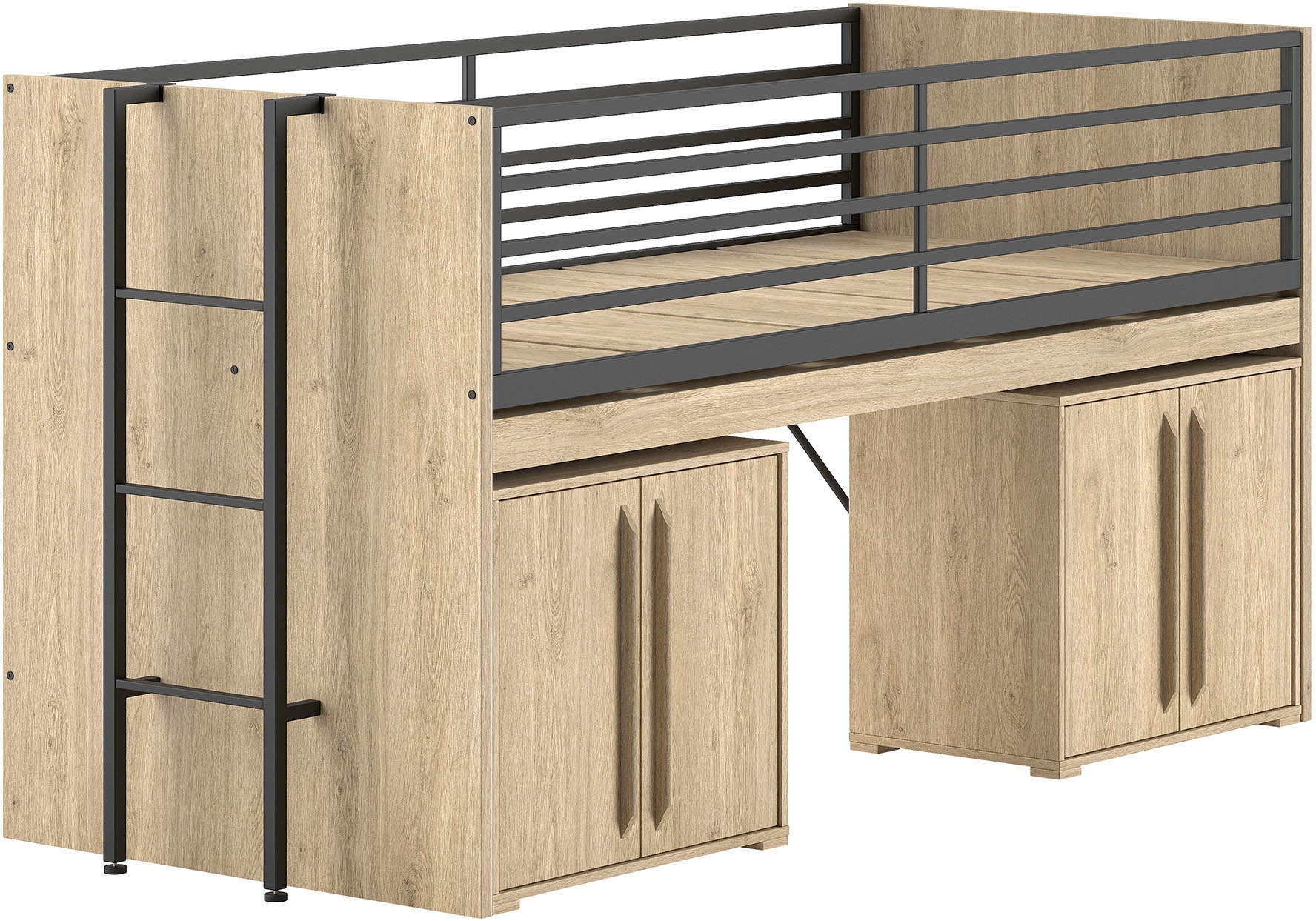 Vipack Stauraumbett »Sam, schlafen und arbeiten in einem, wahlweise Eiche- oder Weiß-Dekor« Liegefläche 90x200 cm, darunter eine große ausziehbare Schreibplatte,  mit Absturzschutz, Leiter u. Stauraum, pflegeleichte Dekor Oberfläche