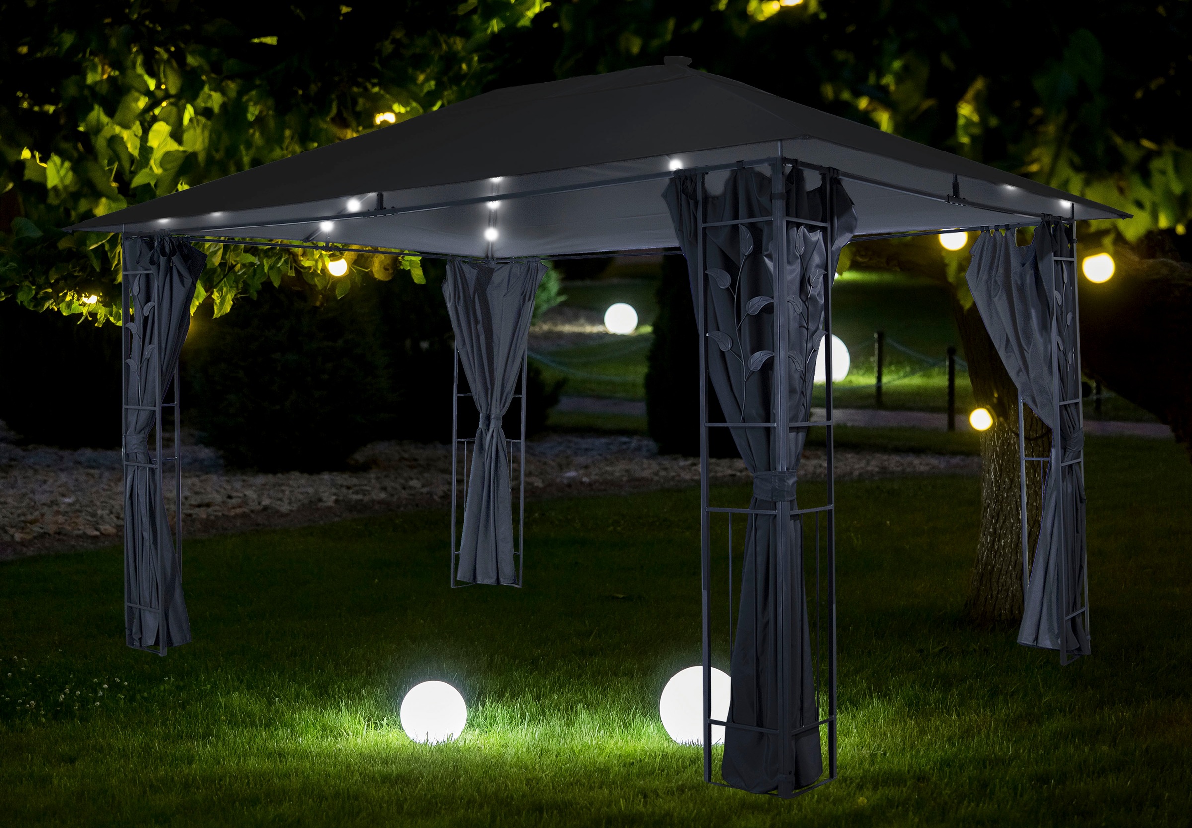 Livotion Pavillon, mit LED-Beleuchtung, in Blätteroptik, 300x400cm, grau