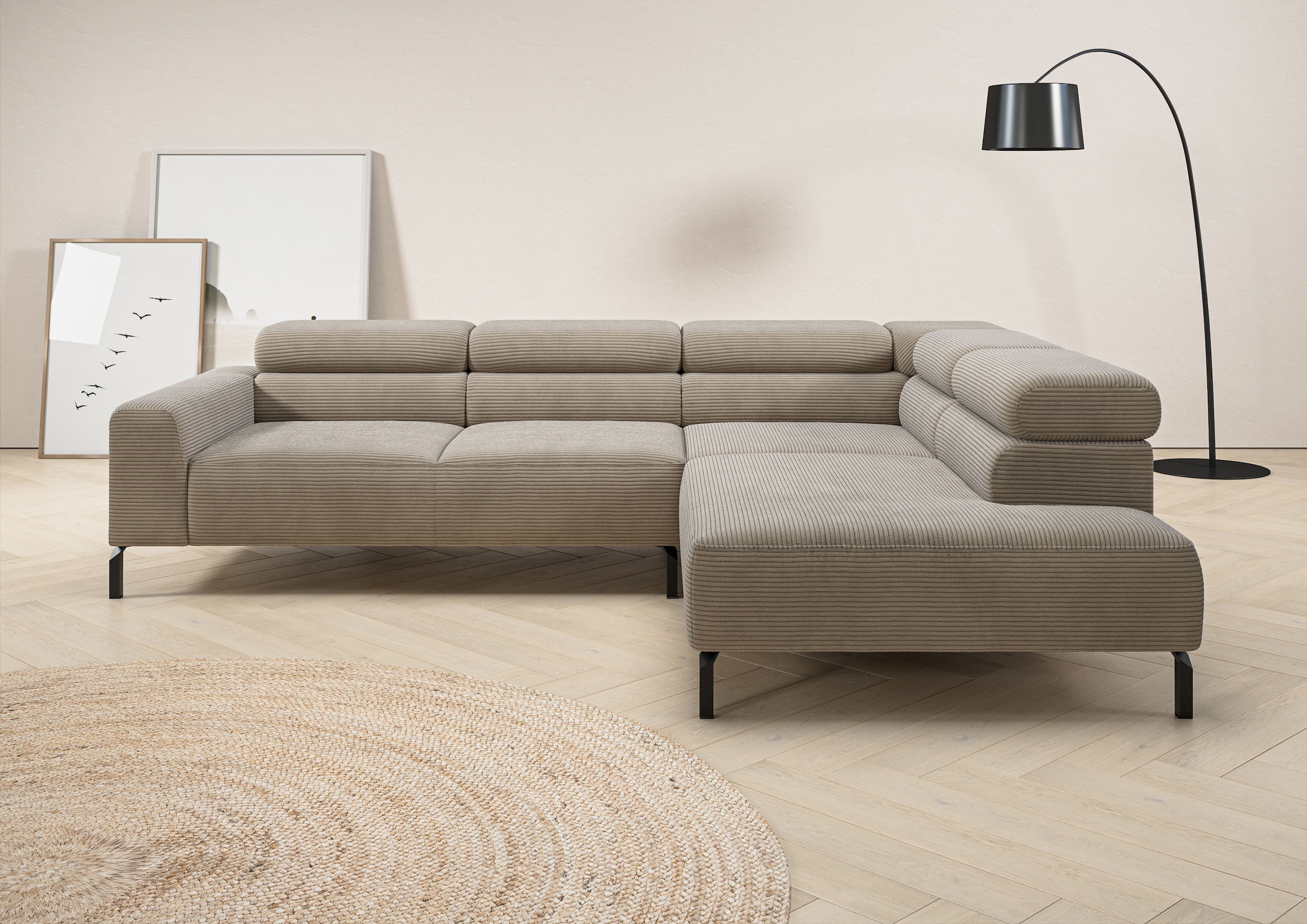 Home affaire Ecksofa »Antonelli, L-Form,  inkl. Kopfteilverstellung, Breite 276 cm« ohne Sitztiefenverstellung, in Cord, taupe
