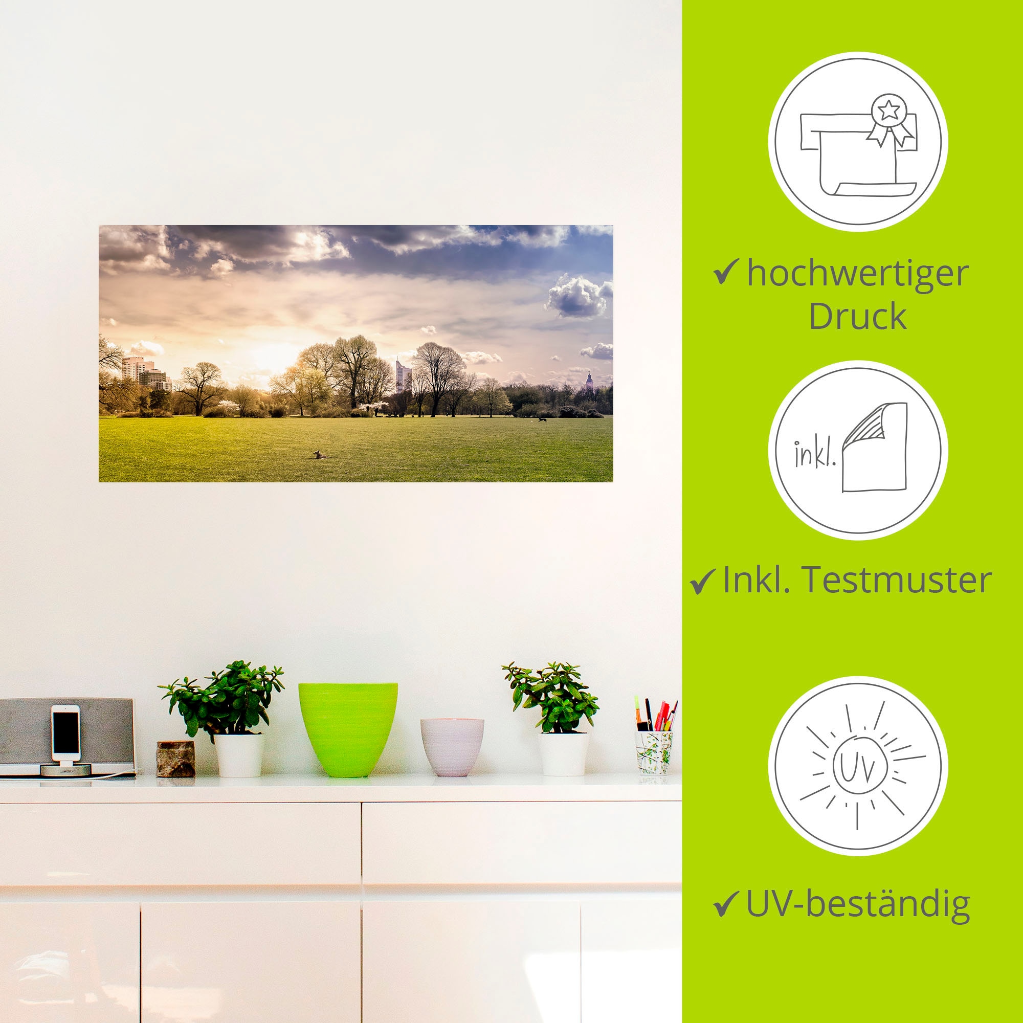 Artland Wandbild »Rosentalwiese Leipzig mit Hund & Skyline«, Wiesen & Baumbilder, (1 St.), als Alubild, Leinwandbild, Wandaufkleber oder Poster in versch. Größen