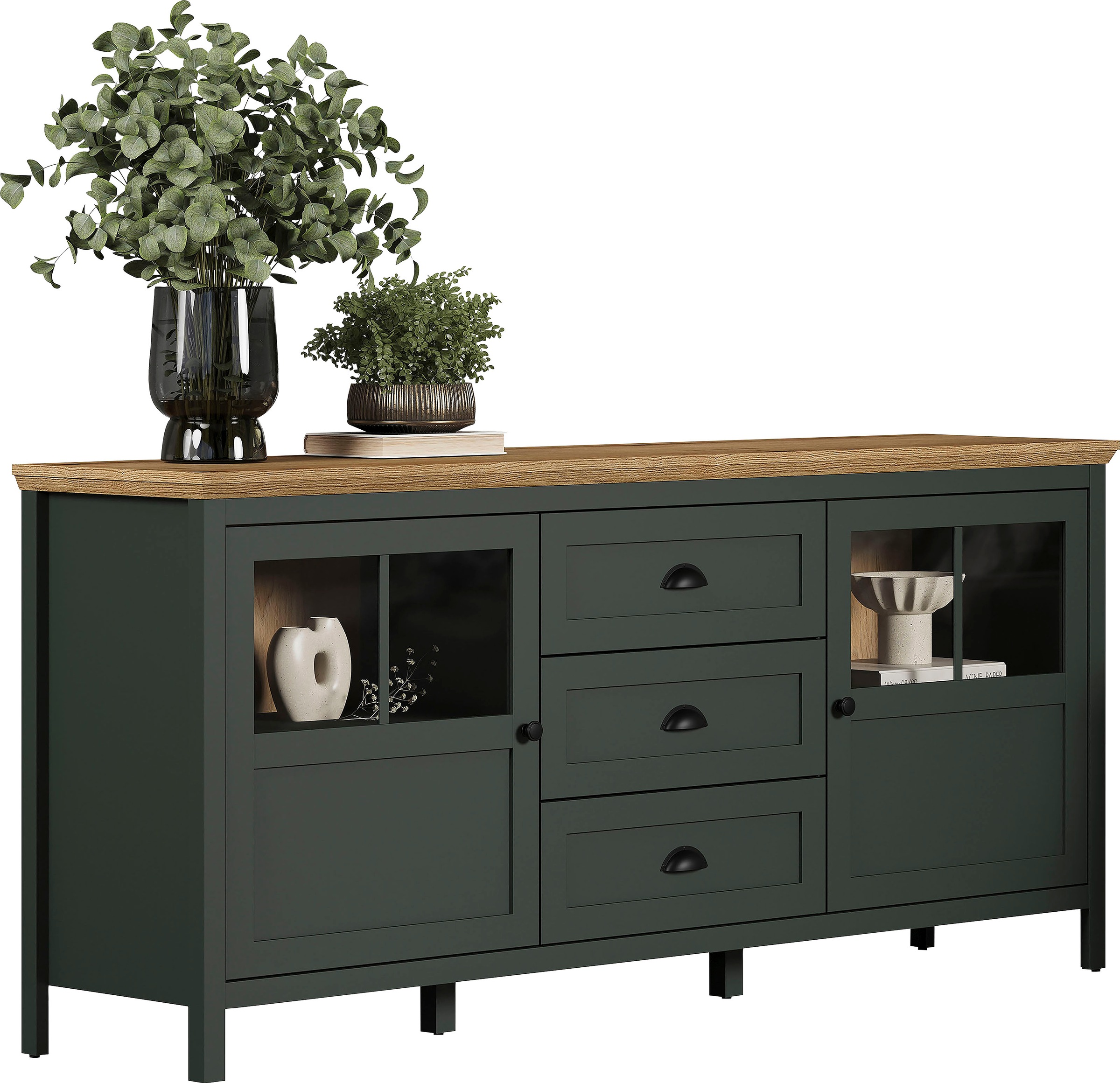 Home affaire Sideboard »Vienna«, (1 St.), Kommode im Landhausstil - Beleuchtung, Glastüren - B/T/H 185/45/86 cm