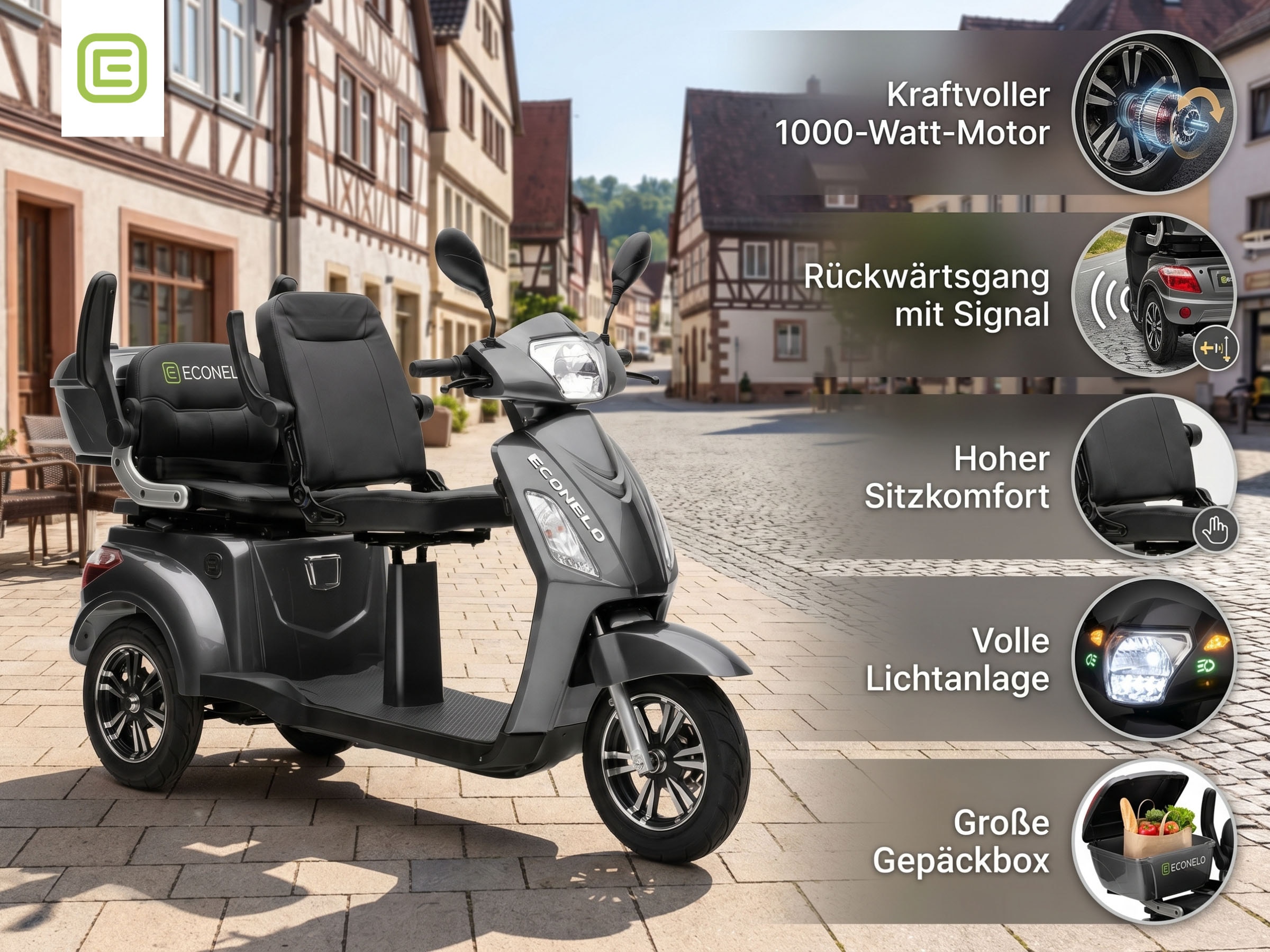 ECONELO Elektromobil 1.000 W 25 km/h Sicherheitsrollen gegen Kippen, 3 Geschwindigkeitsstufen