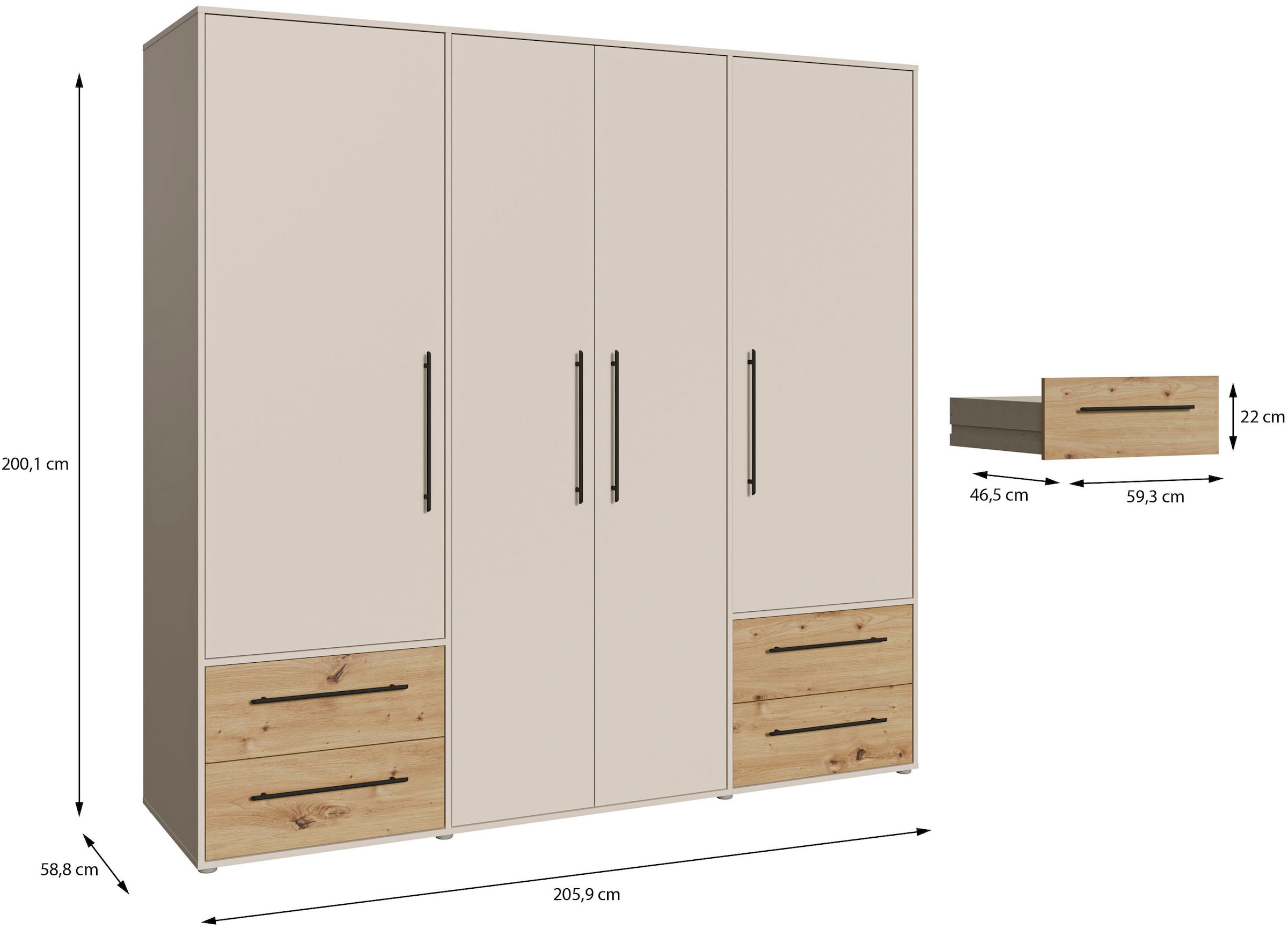 FORTE Kleiderschrank »Mokkaris ,Topseller, zeitloses Design, 3–4 Türen, Made in Europe« B/H/T ca. 145x200x59cm oder 206x200x59cm, 