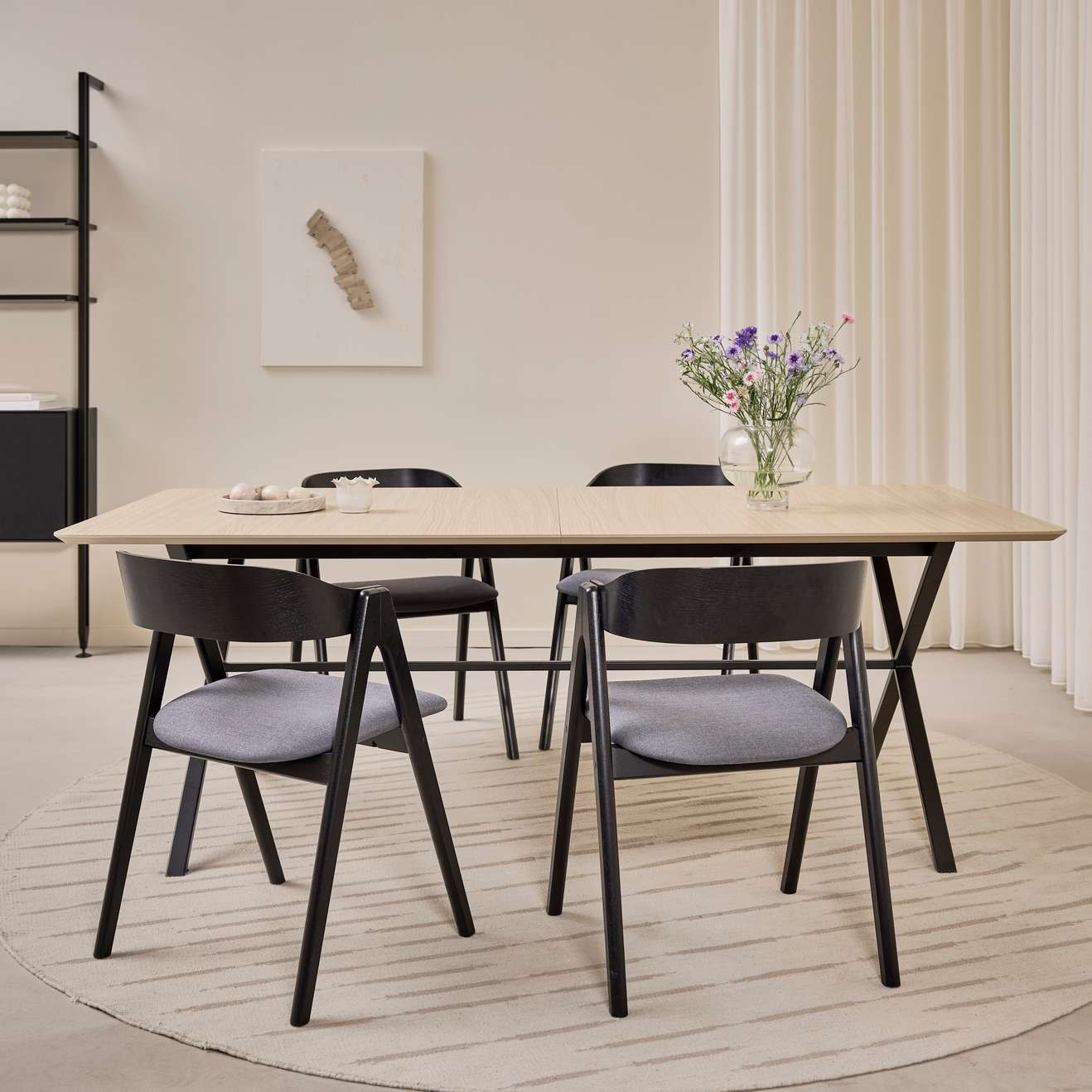 Hammel Furniture Esstisch »Meza Designtisch mit Auszugsfunktion und 2 Einlegeplatten«, abgerundete Tischplatte MDF, gekreuztes Metallgestell, in zwei Breiten