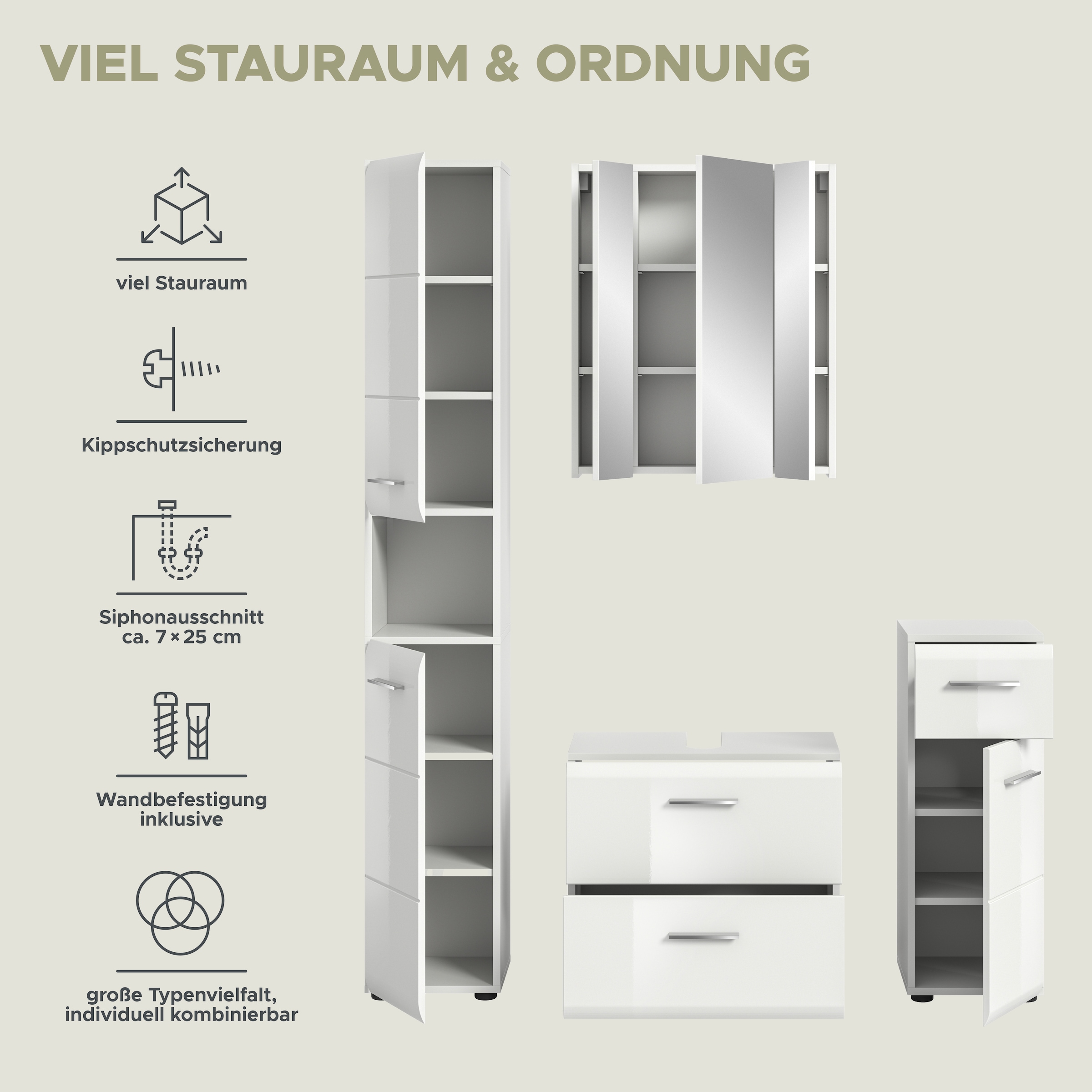 INOSIGN Badezimmer-Set, (Set, 4 St.), Florenz, Badkombination 4-tlg., Weiß hochglanz tiefzieh, Hochschrank