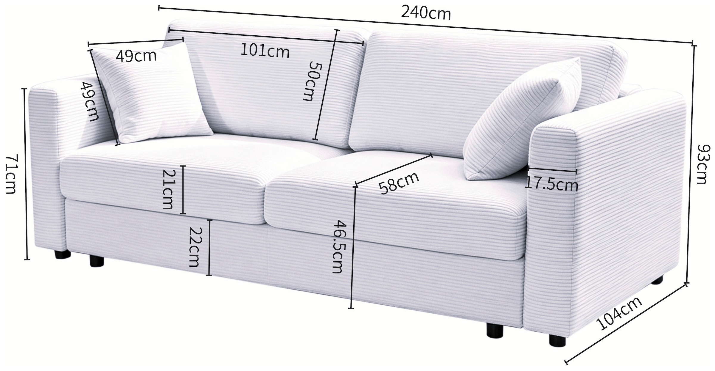 OTTO home Schlafsofa »LIOORA 3-Sitzer (240cm), Cord und Webstoff« Bettfunktion & Bettkasten, Premium Sitzkomfort (HR-Schaum/Federkern)