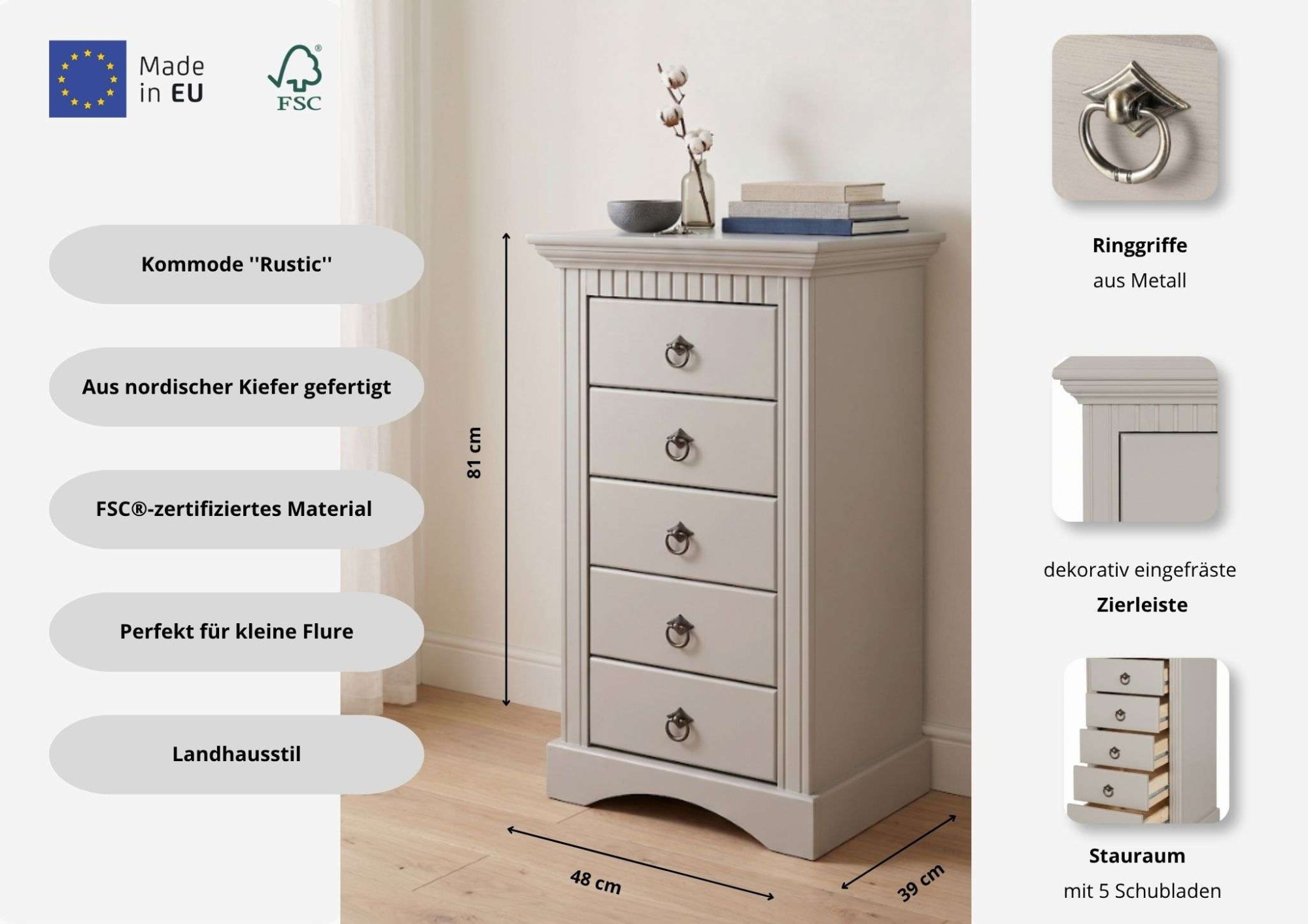 OTTO home Kommode »Rustic« Breite 48cm, aus massiver Kiefer, 5 Schubladen, FSC®-zertifiziert
