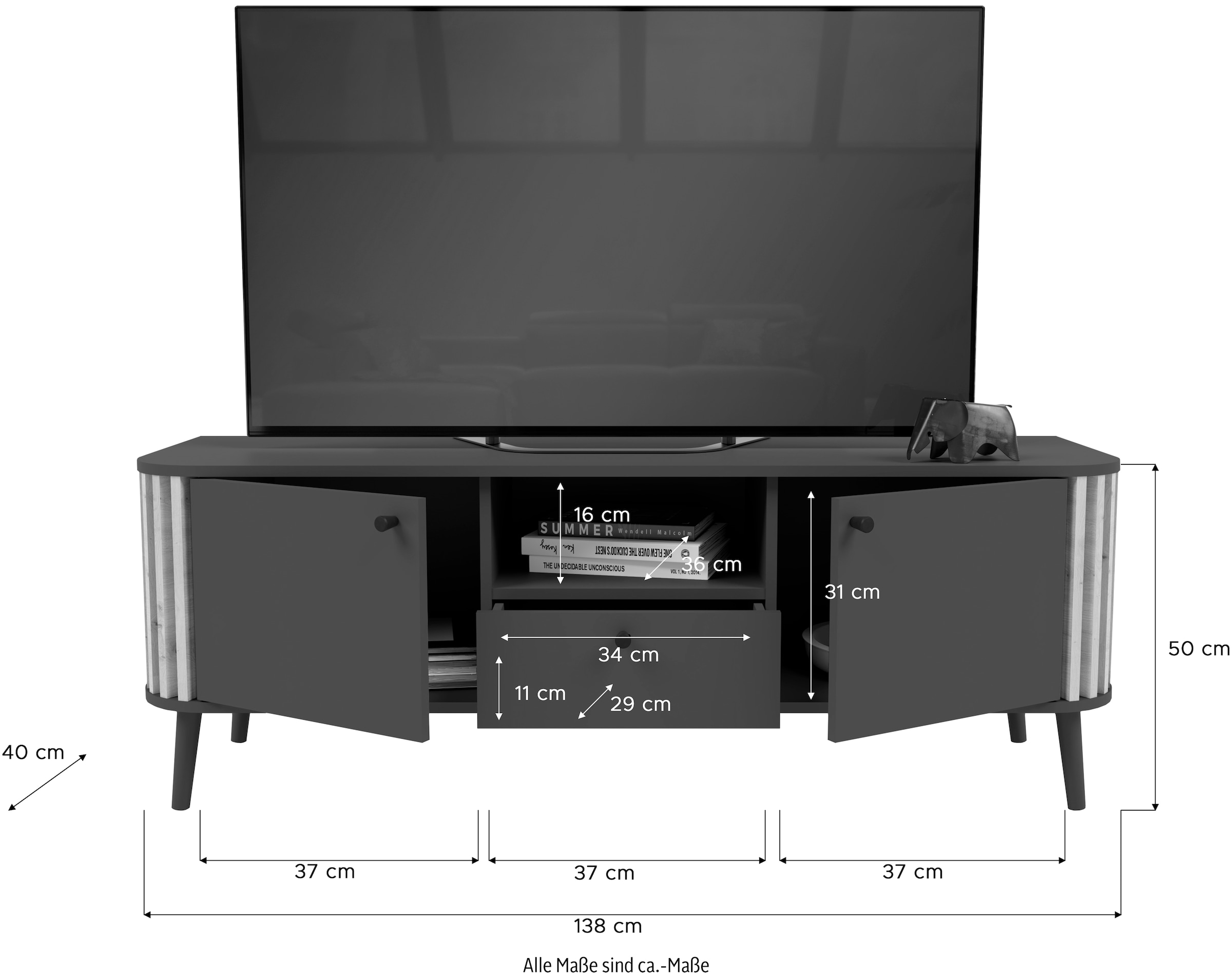 INOSIGN Lowboard »Stavanger, Breite 138cm, Paneel-Stäbchen-Optik, 1 Schubkasten, 2 Türen«, (1 St.), 1 offenes Fach, TV-Möbel, TV-Schrank, TV-Lowboard, Mediaboard
