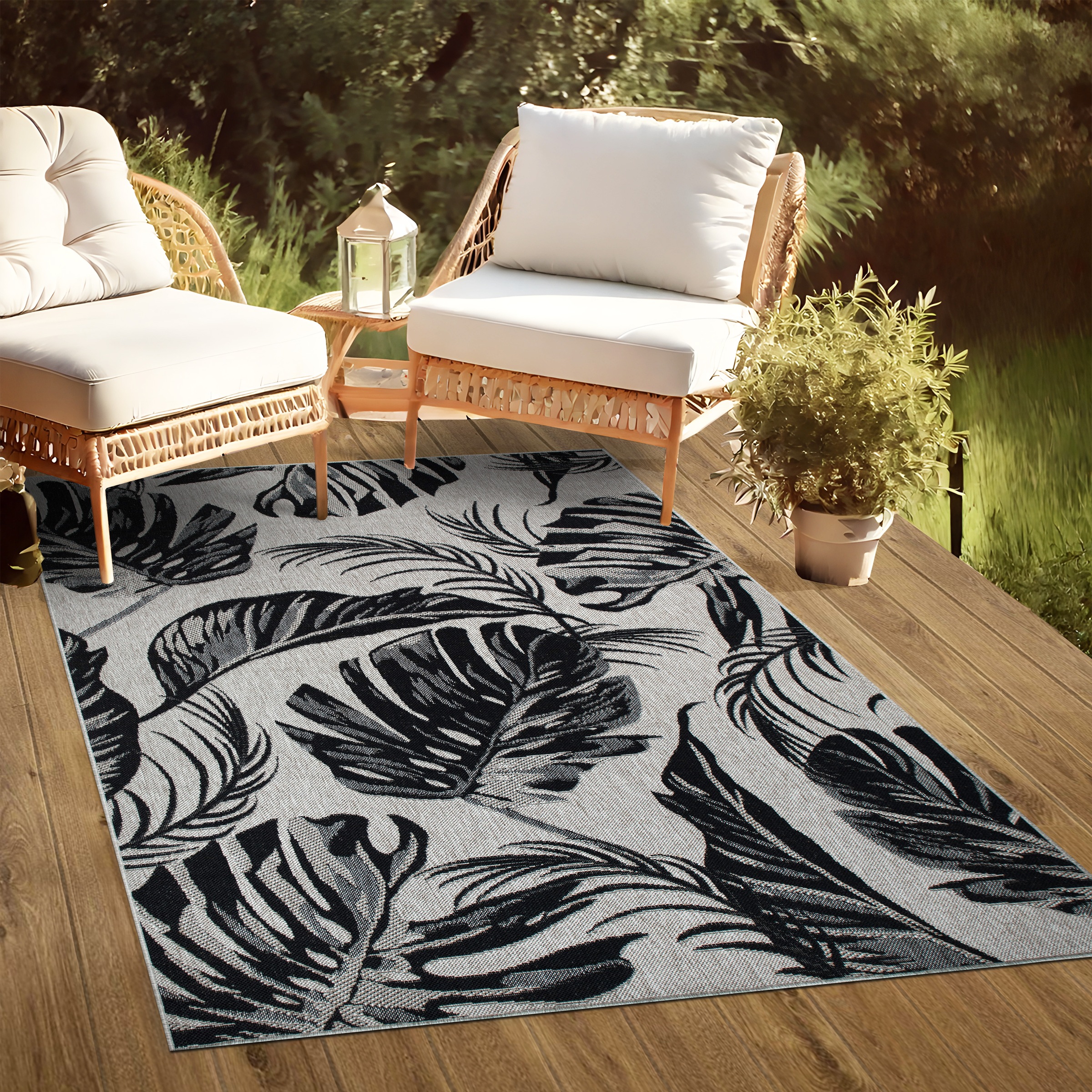 Bruno Banani Teppich »Larral, mit Trend Blätter-Design auch für Balkon und Terrasse«, rechteckig, 3 mm Höhe, In- und Outdoor geeignet, Sisal-Optik, Wetterfest & UV-beständig