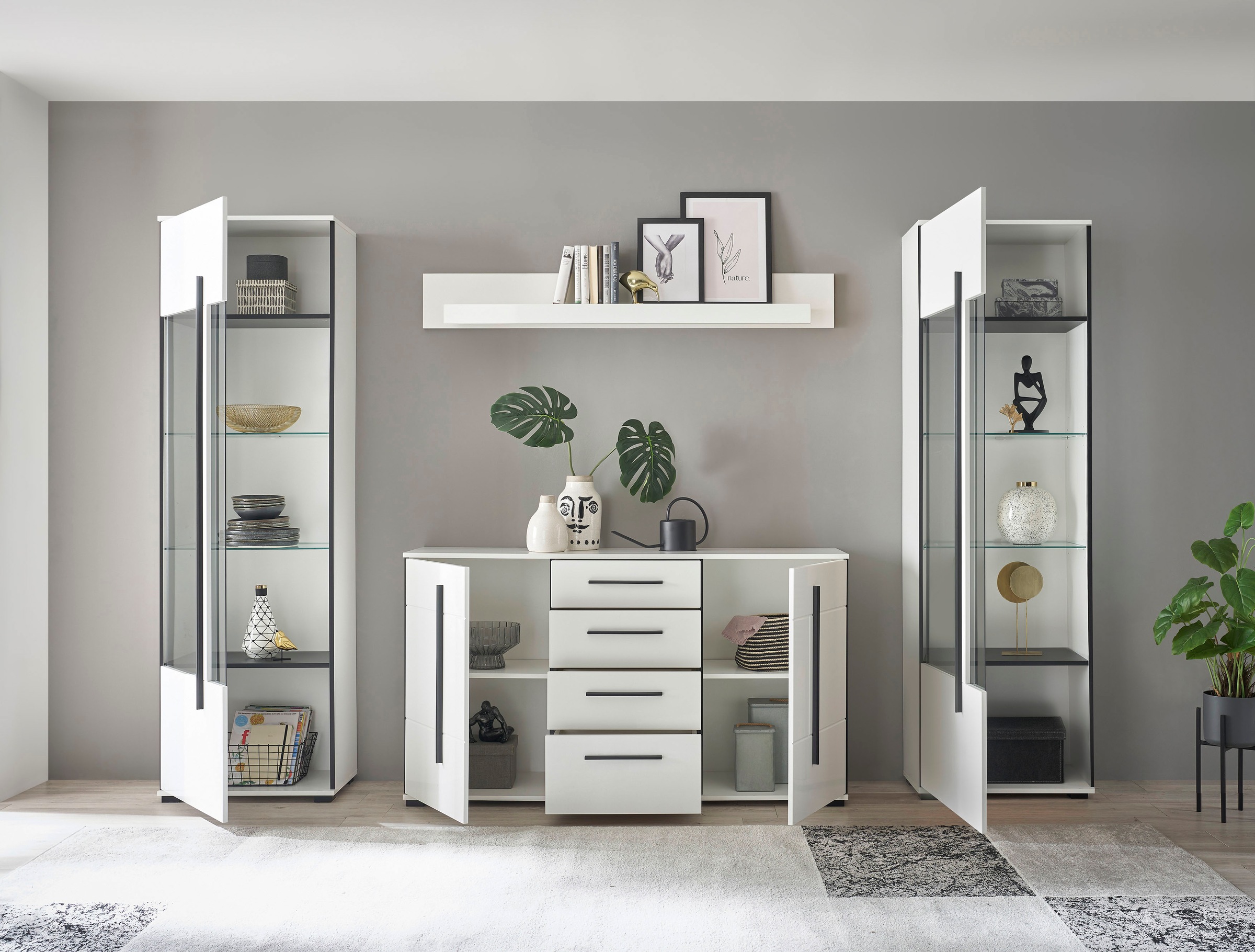 INOSIGN Wohnwand »Cantara, moderne Anbauwand, Wohnzimmer-Set, in Eiche Evoke oder Weiß«, (Set), enthält zwei Vitrinen, ein Sideboard und ein Wandboard