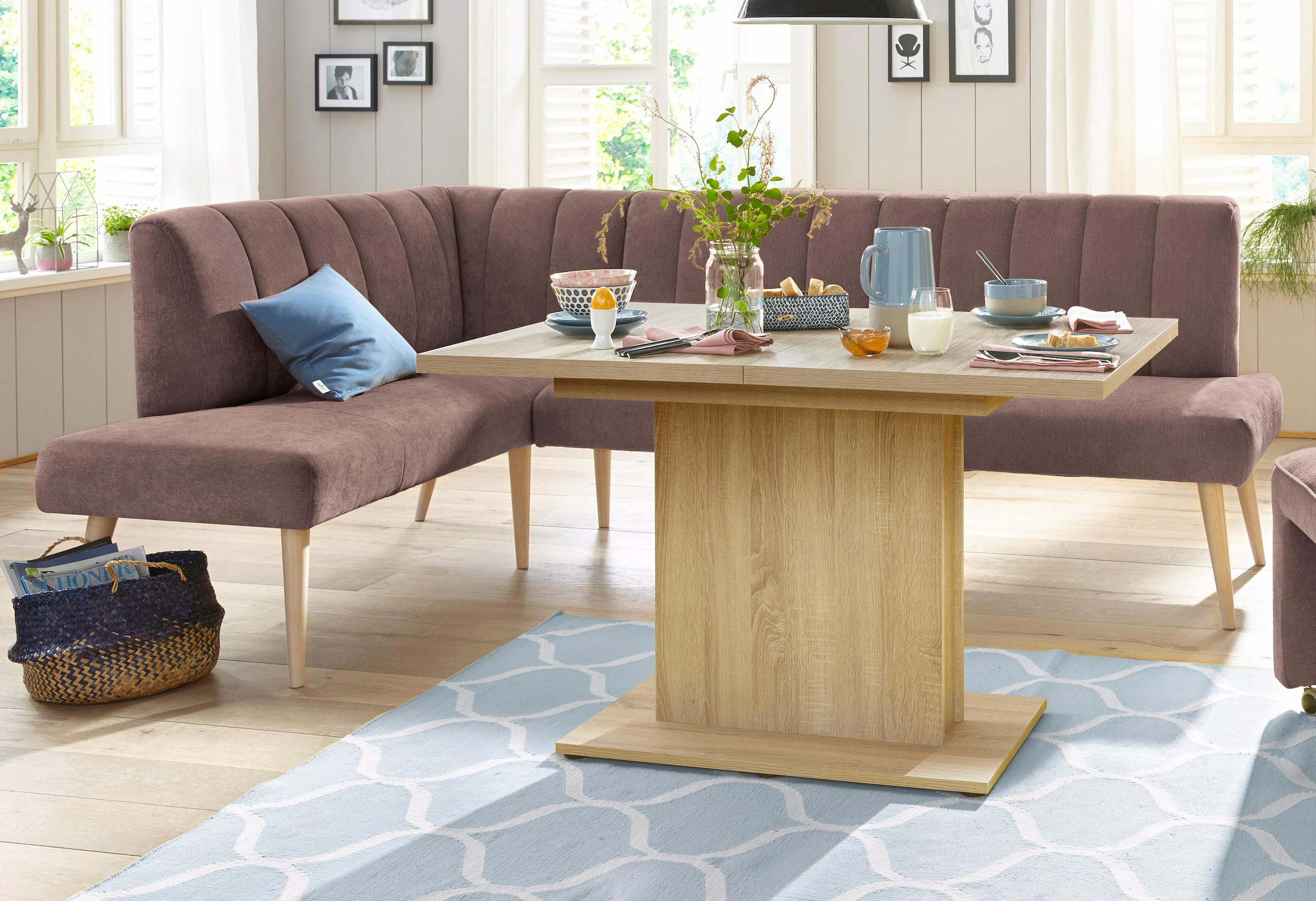 exxpo - sofa fashion Eckbank »Costa, moderne Rückensteppung, bequem und elegant, hoher Holzfuß«, hochwertig verarbeitet, Frei im Raum stellbar