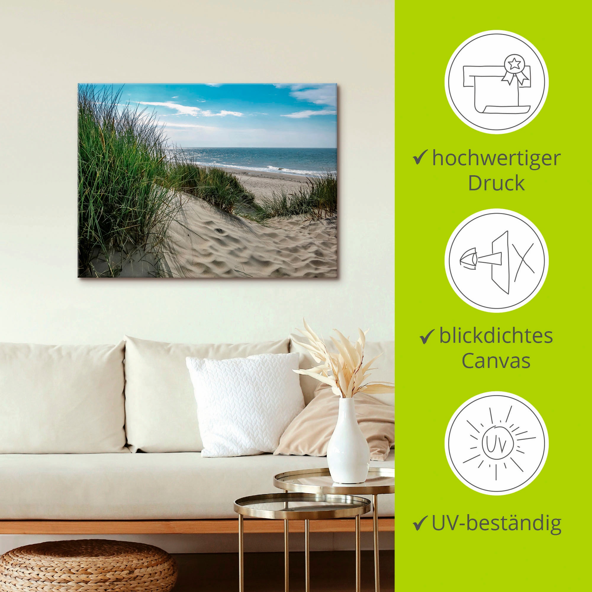 Artland Wandbild »Dünenlandschaft im Sommer an der Nordsee«, Strand, (1 St.), als Alubild, Outdoorbild, Leinwandbild, Poster, Wandaufkleber