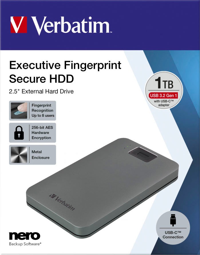 Verbatim externe HDD-Festplatte »Executive Fingerprint Secure 1TB«, 2,5 Zoll, Anschluss USB 3.2 Gen-1