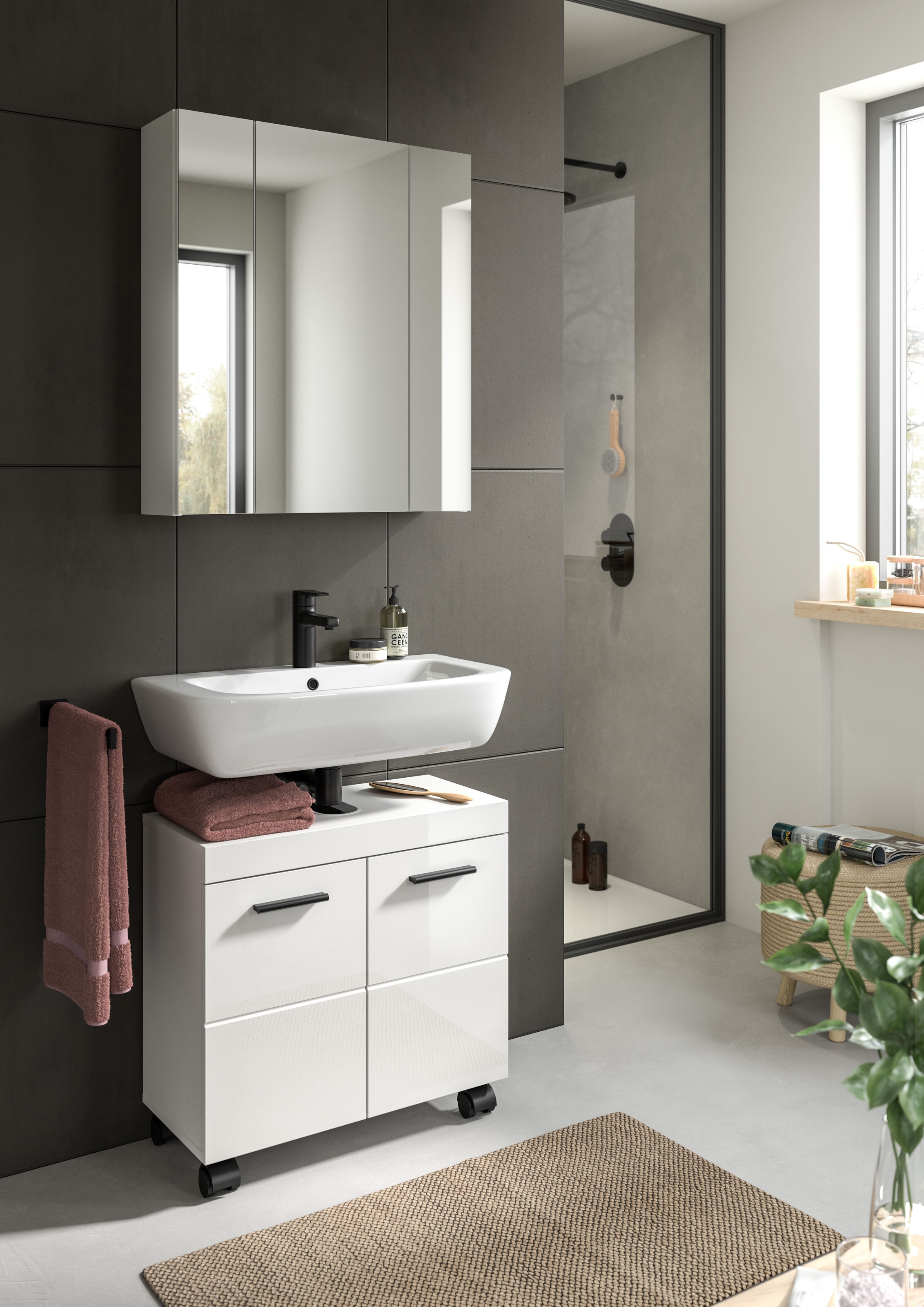 welltime Badmöbel-Set »AVON, Breite 60 cm, 2-teilige moderne Badkombination, auf Rollen« bestehend aus: Waschbeckenunterschrank & Spiegelschrank, 2 Stk. tlg.