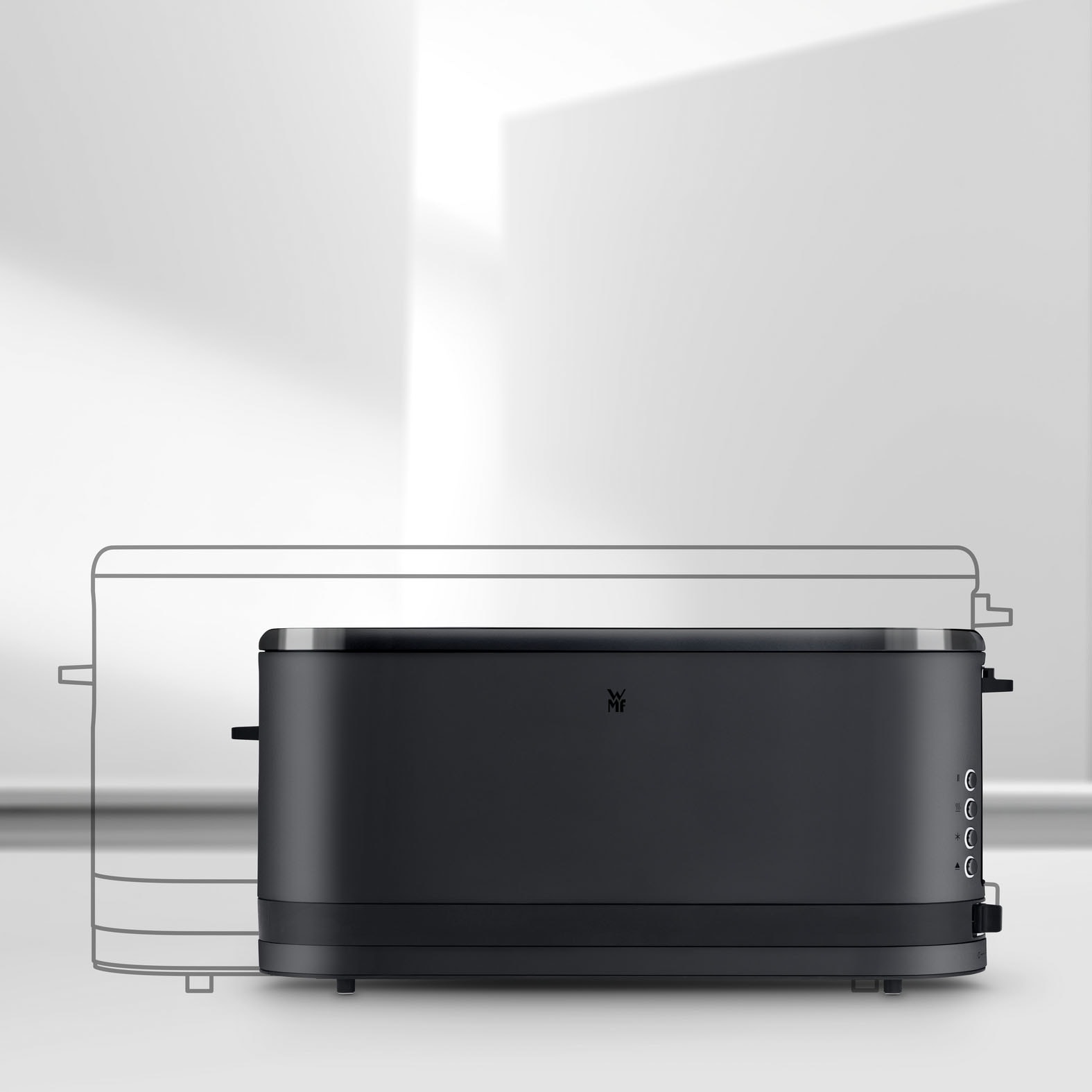 WMF Toaster »KÜCHENminis Deep Black, Lanschlitztoaster, mit Brötchenaufsatz« 1 langer Schlitz für 2 XXL-Toastscheiben 900 W 7 variable Bräunungsstufen, Brotzentrierung, Krümelschublade