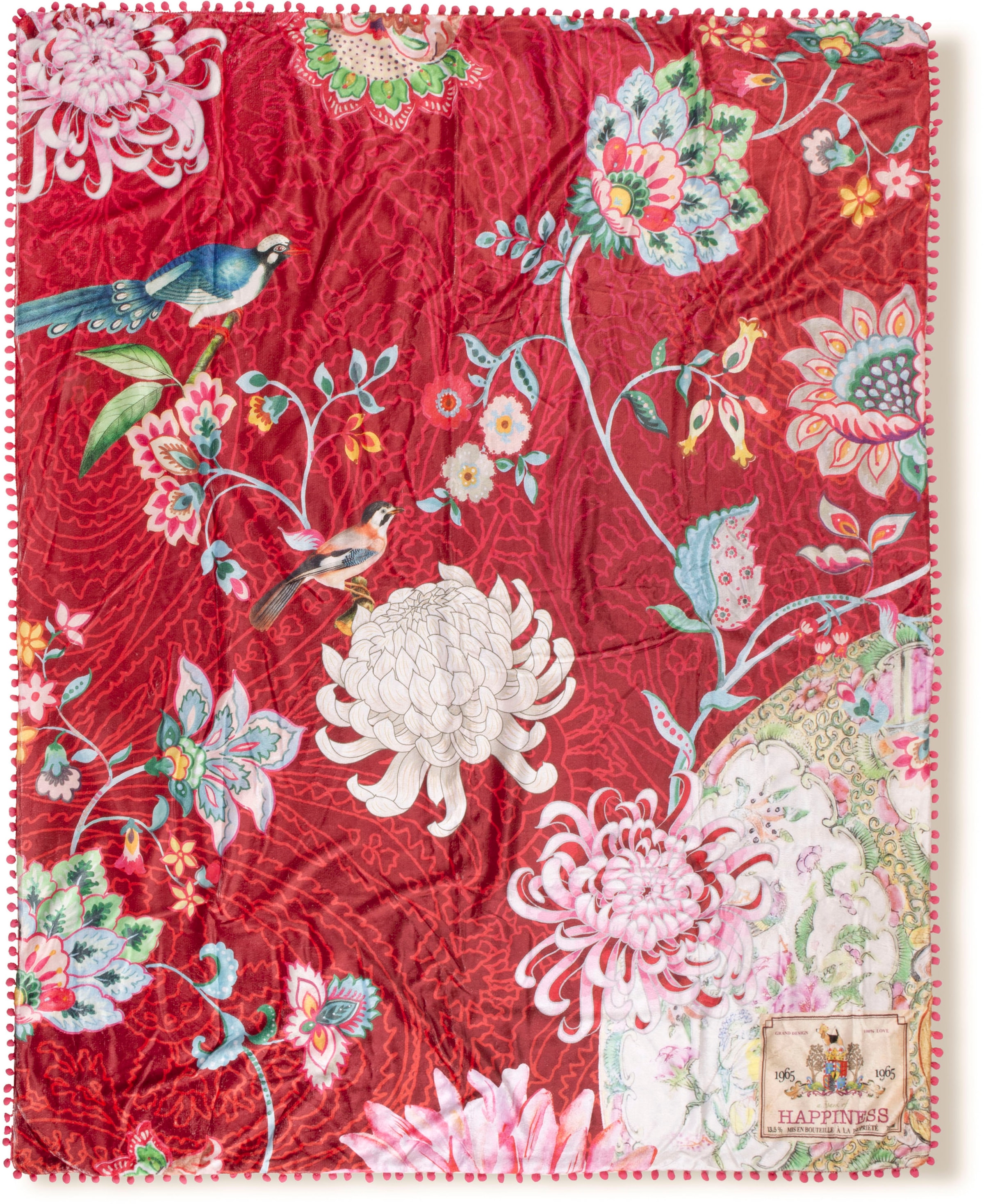 Happiness Plaid »Ming«, Sehr Weich, Kuscheldecke, Mit Pompons, 130x160 cm, Wendeoptik, Blumen