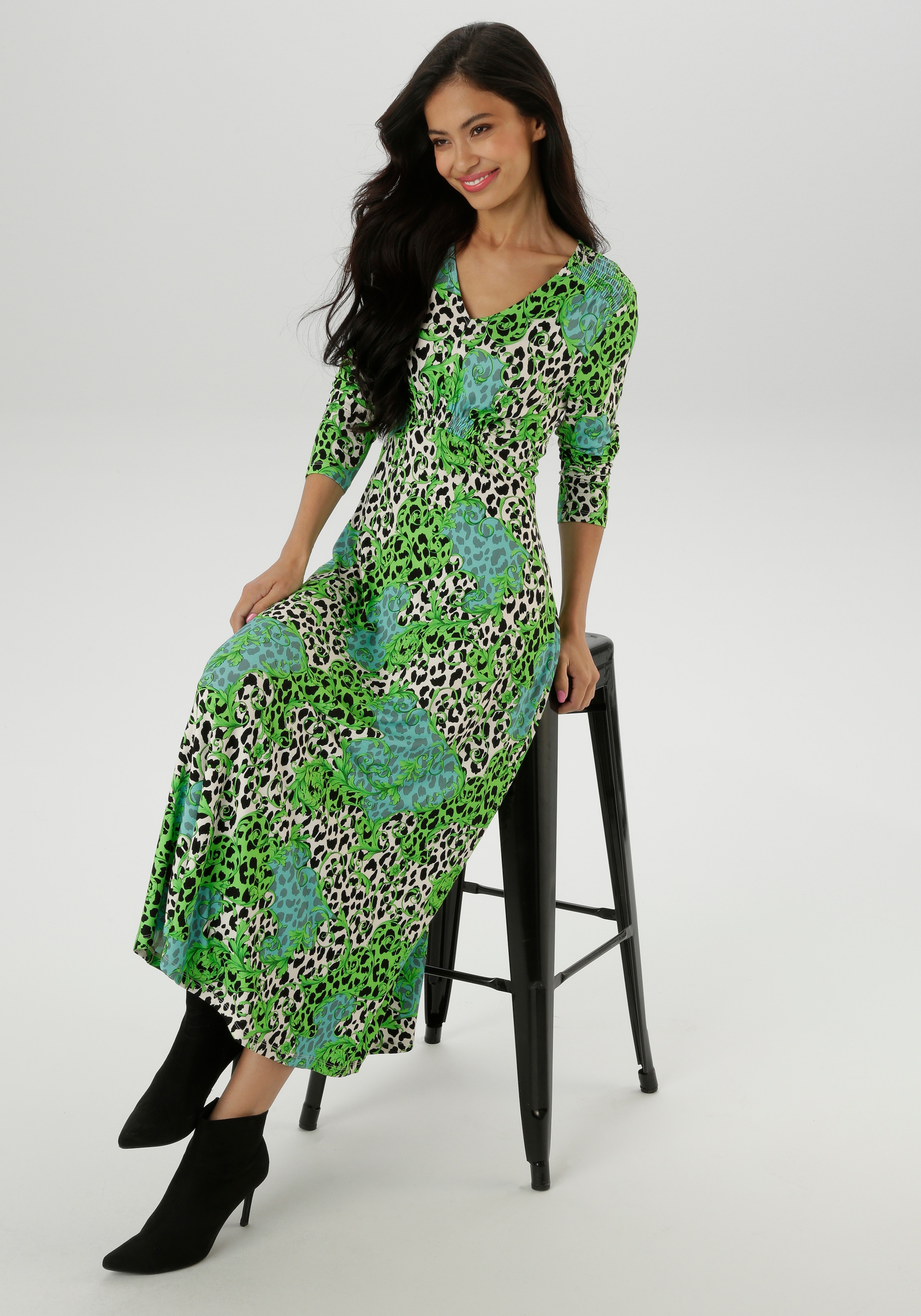 Aniston SELECTED Midikleid mit Smok-Details und fantasievollem Leo-Print - NEUE KOLLEKTION