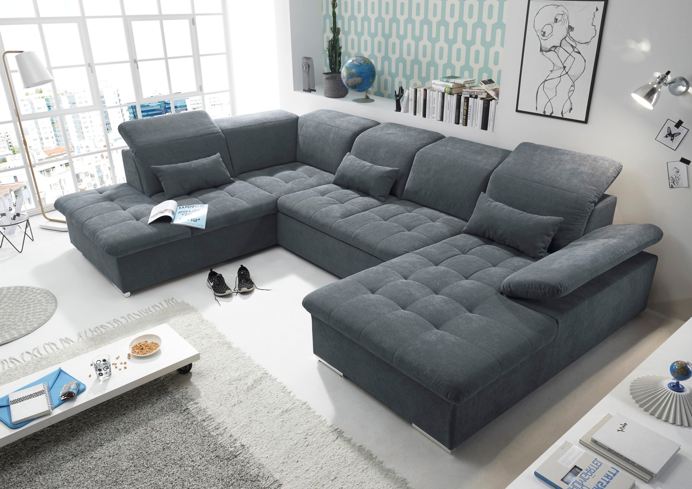 ED EXCITING DESIGN Wohnlandschaft Wayne, mit Bettfunktion, Bettkasten und Nierenkissen.  1 Armteil- und 5 Kopfteilverstellungen