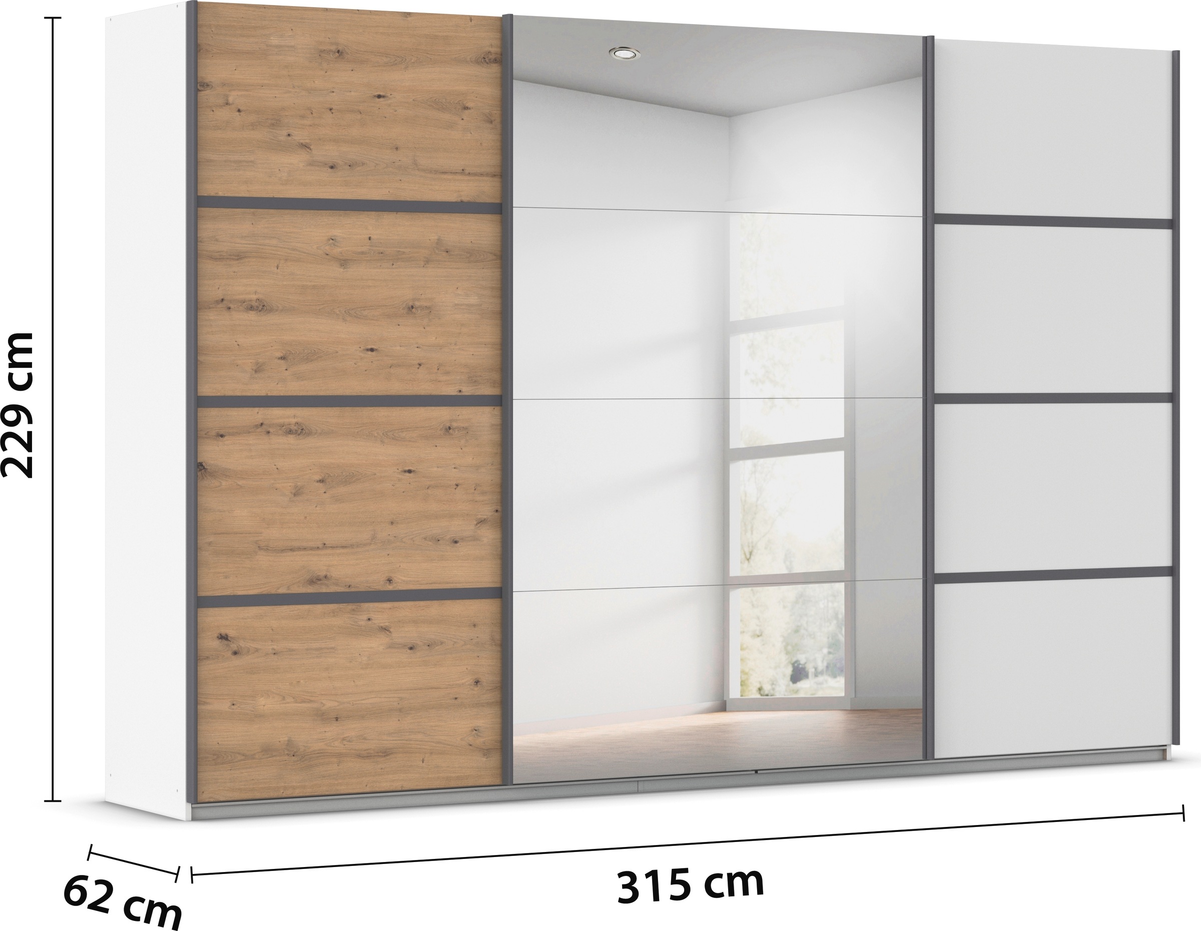 rauch Kleiderschrank »Schwebetürenschrank OTTO´s Choice Garderobe Schrank TOP ANGEBOT Avola«, (in 3 verschiedenen Ausstattungen BASIC/CLASSIC/PREMIUM inkl. Spiegel), mit eleganten Zierleisten in Chrom, Schwarz oder Weiß MADE IN GERMANY