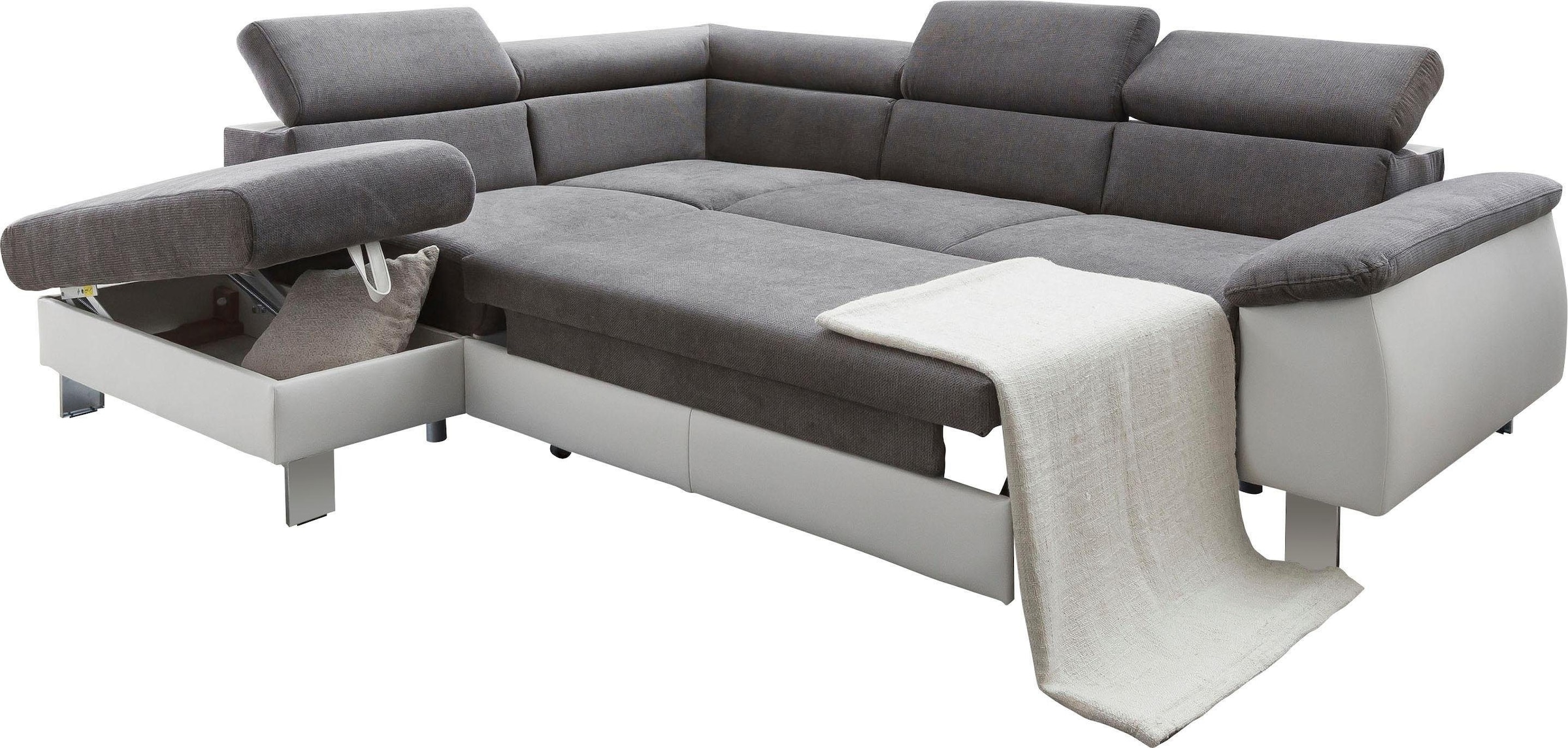 COTTA Ecksofa »Komaris L-Form mit Kopfteilverstellung«, wahlweise mit Bettfunktion, Bettkasten & Beleuchtung