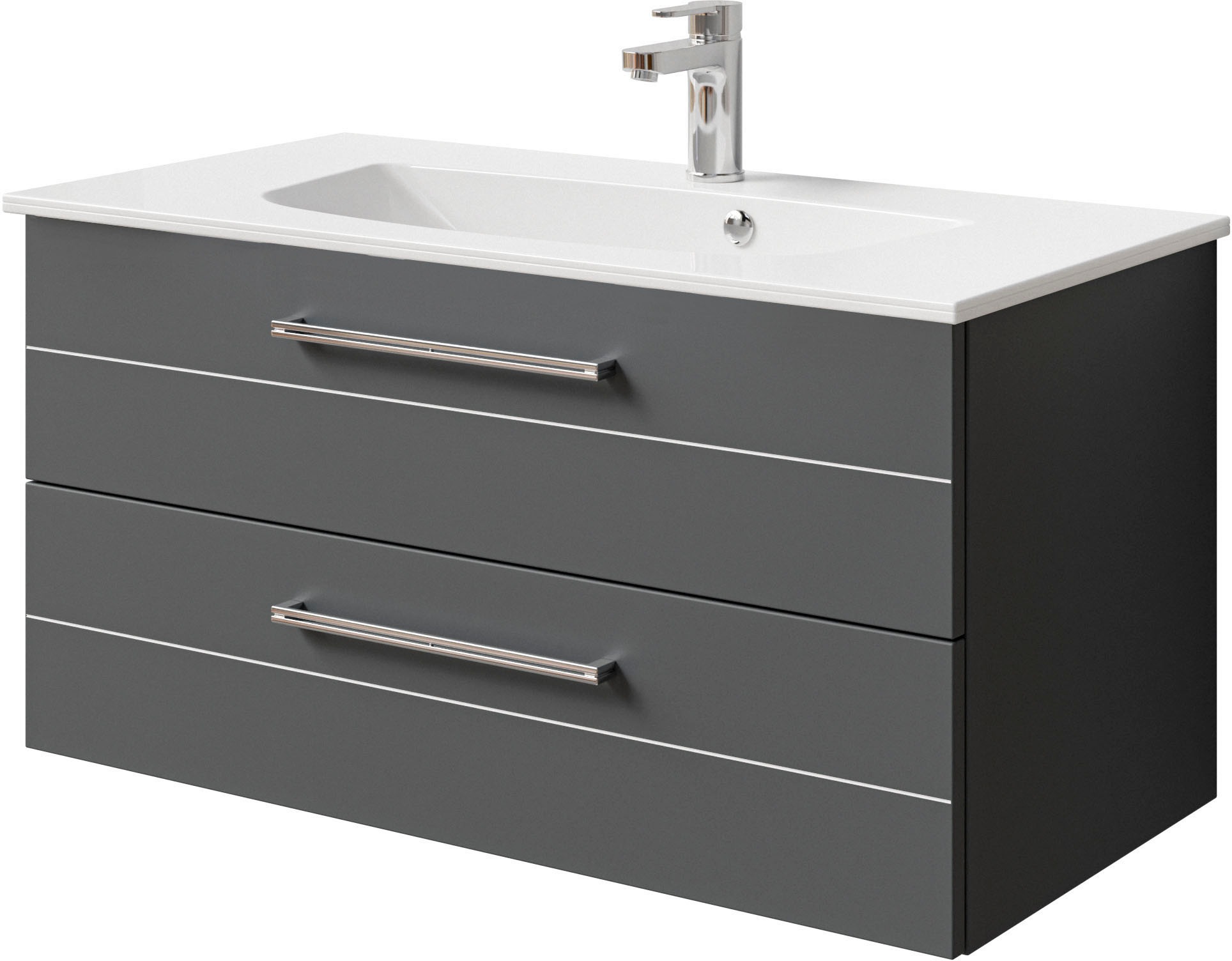 Saphir Badmöbel-Set »Serie 6025 2-teilig Mineralmarmor-Waschtisch mit LED-Spiegelschrank«, (2 St.), Waschplatz 97 cm breit, 2 Schubladen, 3 Spiegel-Türen, inkl Türdämpfer