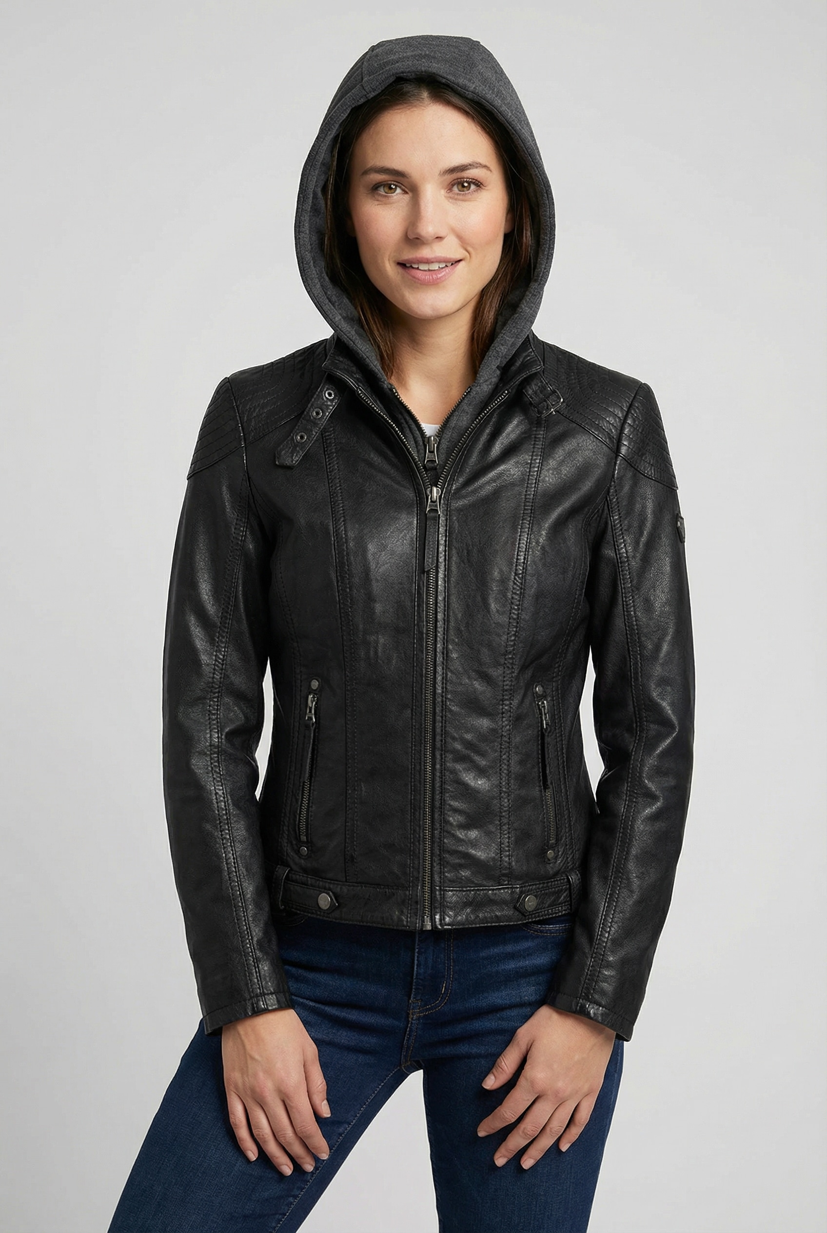 Mauritius Lederjacke »Cacey LEGV« mit Kapuze mti Kapuze, Reißverschluss, Ziersteppung