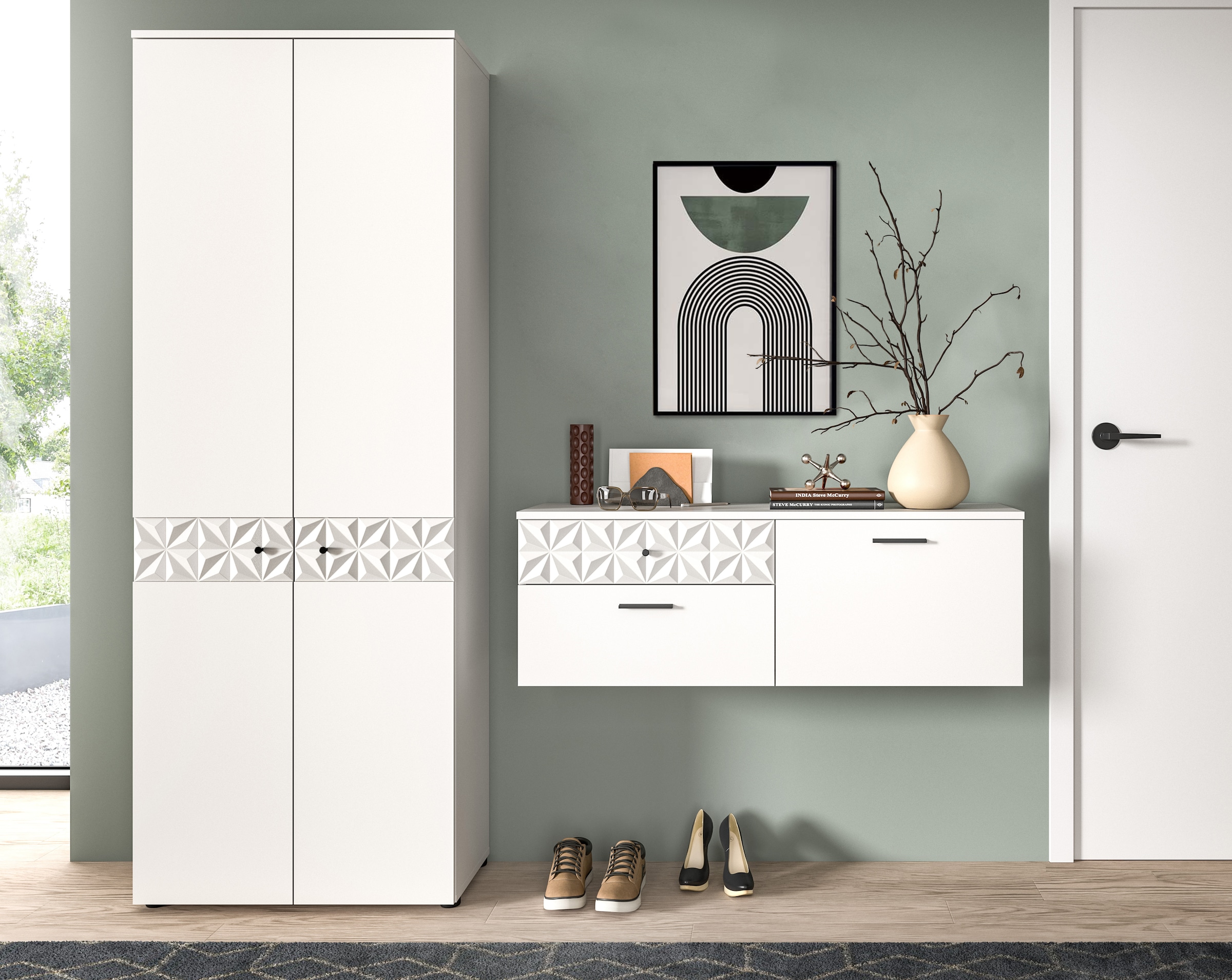 INOSIGN Garderoben-Set »VICENZA, 2-tlg., mit foraler Ornamentabsetzung in der Front«, (2 St.), best. aus.: Garderobenschrank und Schuhschrank