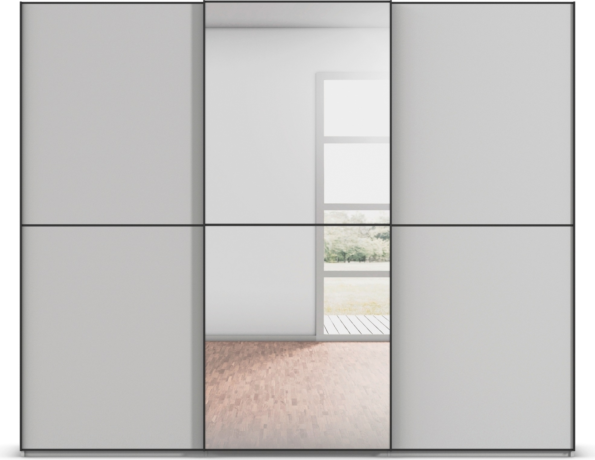 rauch Schwebetürenschrank »Kleiderschrank Schrank Garderobe Schlafzimmerschrank SCALE-DUO«, edle zweigeteilte Türen, Spiegel und 3 Zierleisten MADE IN GERMANY