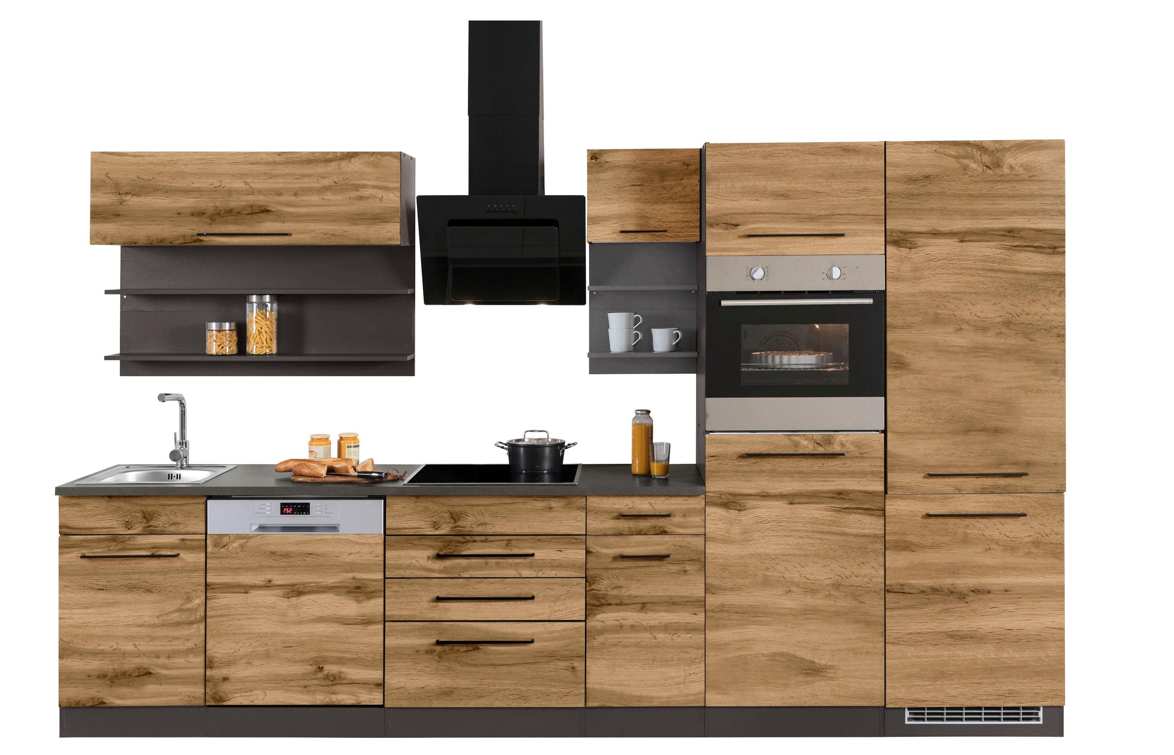 KOCHSTATION Küchenzeile »KS-Tulsa«, ohne E-Geräte, Breite 330 cm, schwarze Metallgriffe, MDF Fronten